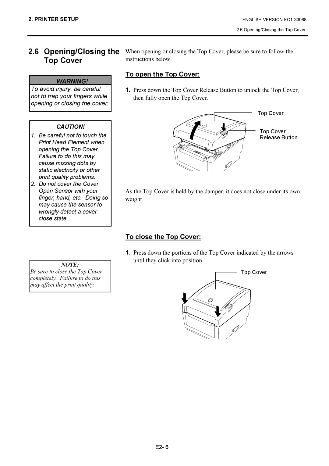 Toshiba B-EV4D owner manual Opening/Closing the Top Cover, To open the Top Cover, To close the Top Cover 