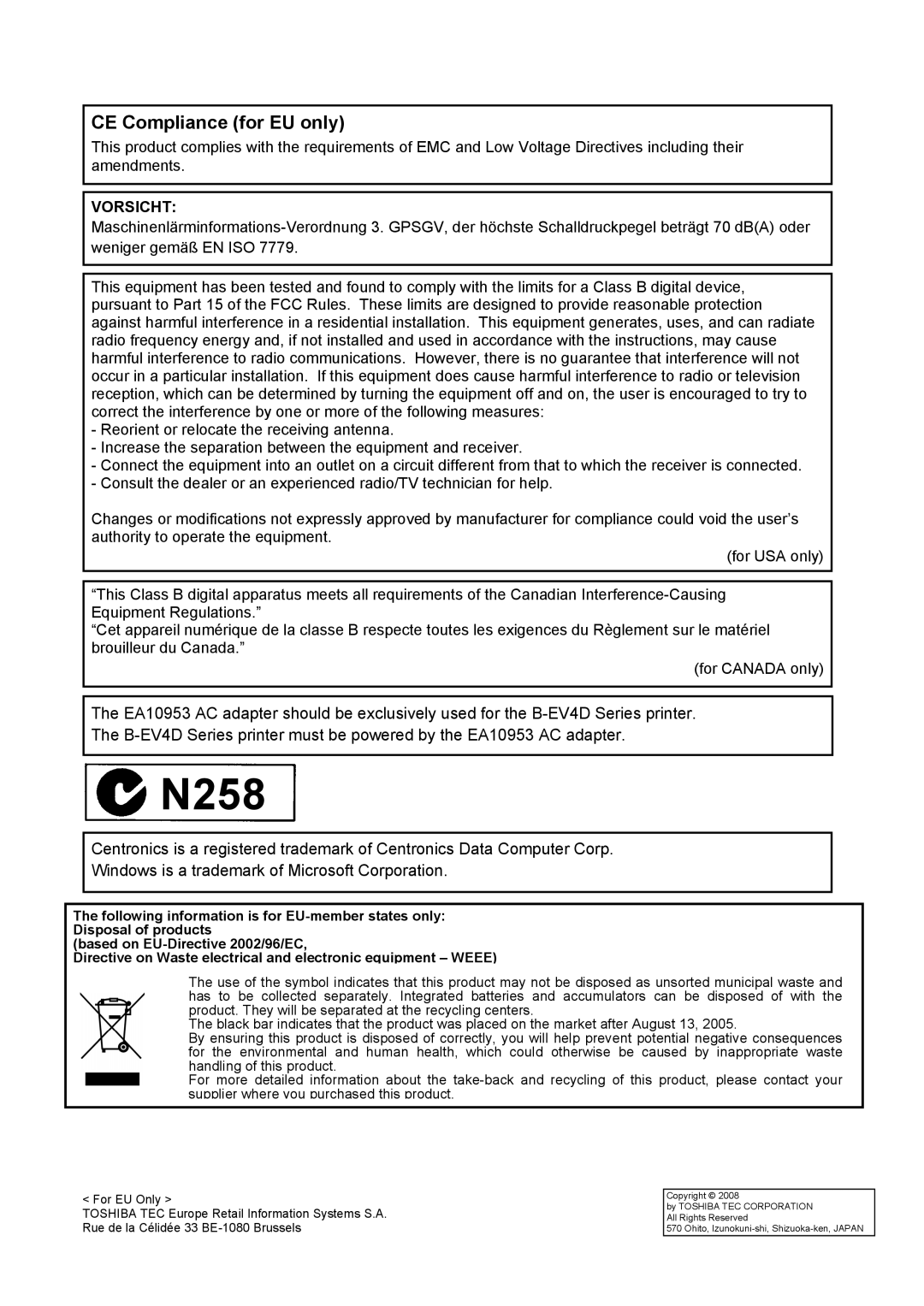 Toshiba B-EV4D owner manual CE Compliance for EU only, Vorsicht 