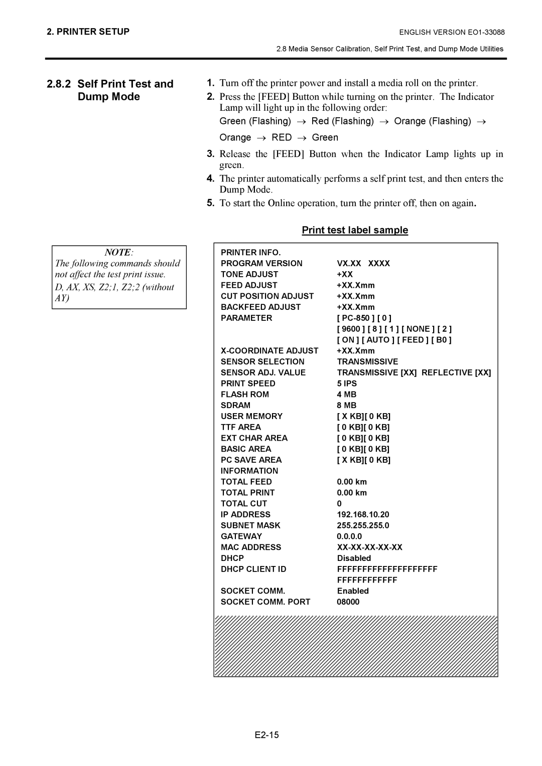 Toshiba B-EV4D owner manual Self Print Test and Dump Mode, Print test label sample 