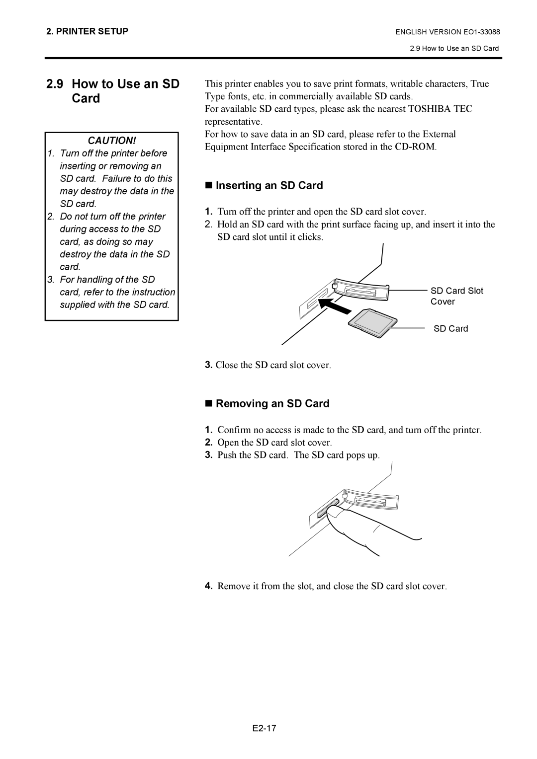 Toshiba B-EV4D owner manual How to Use an SD Card, „ Inserting an SD Card, „ Removing an SD Card 