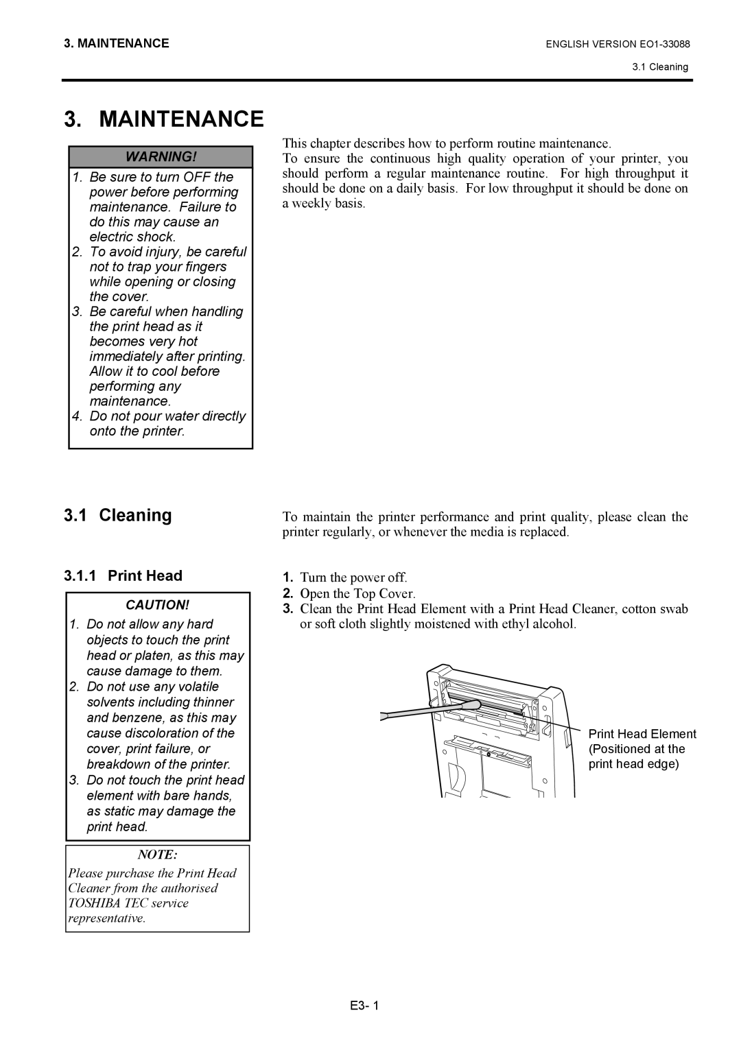 Toshiba B-EV4D owner manual Maintenance, Cleaning, Print Head 