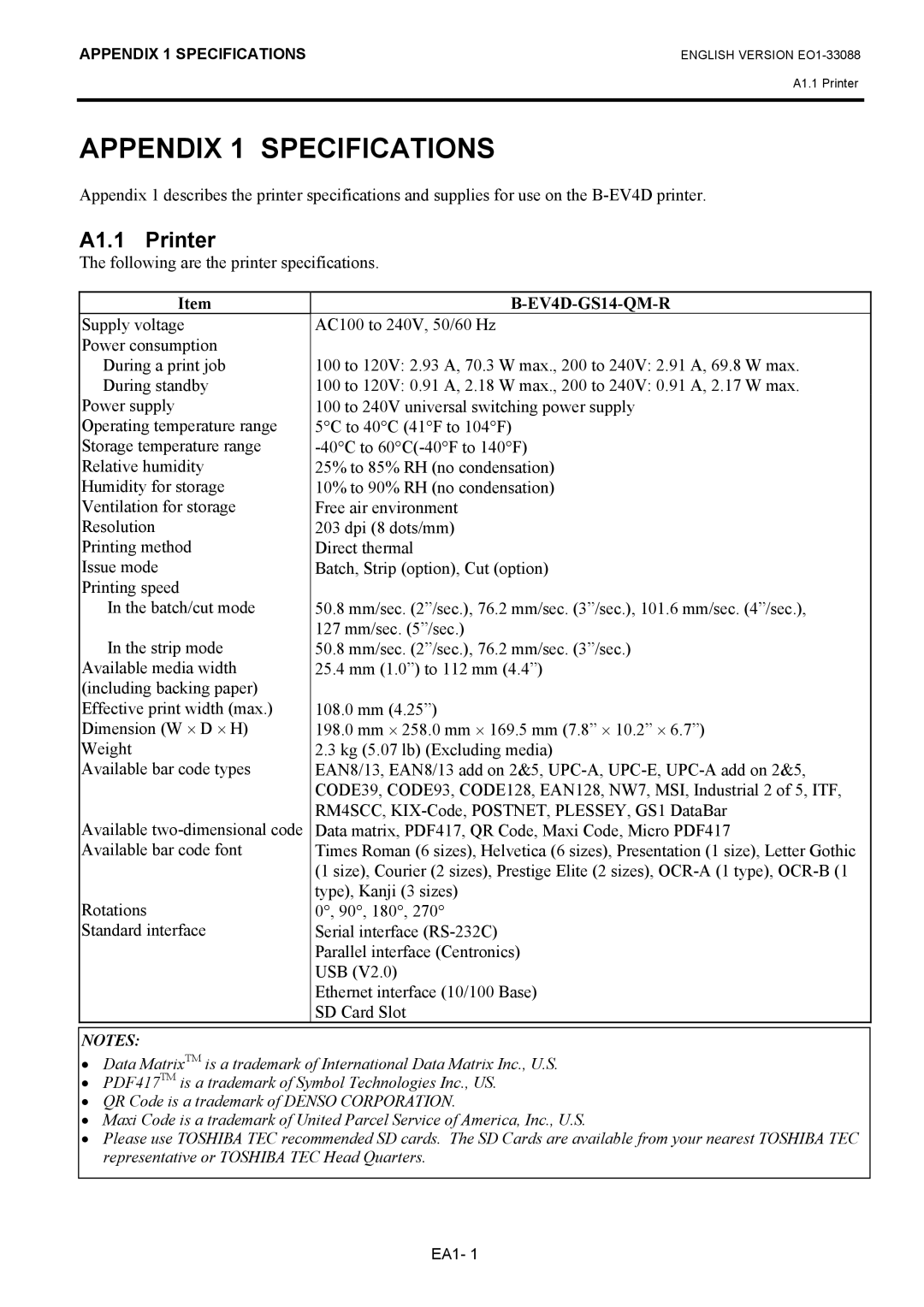 Toshiba B-EV4D owner manual Appendix 1 Specifications, A1.1 Printer 