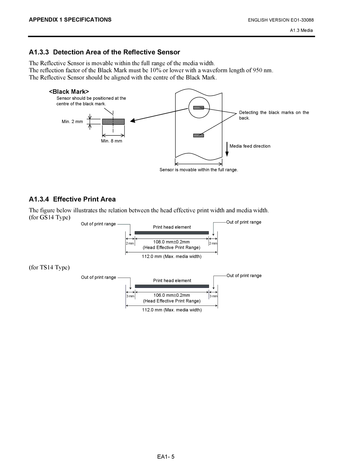 Toshiba B-EV4D owner manual A1.3.3 Detection Area of the Reflective Sensor, A1.3.4 Effective Print Area, Black Mark 