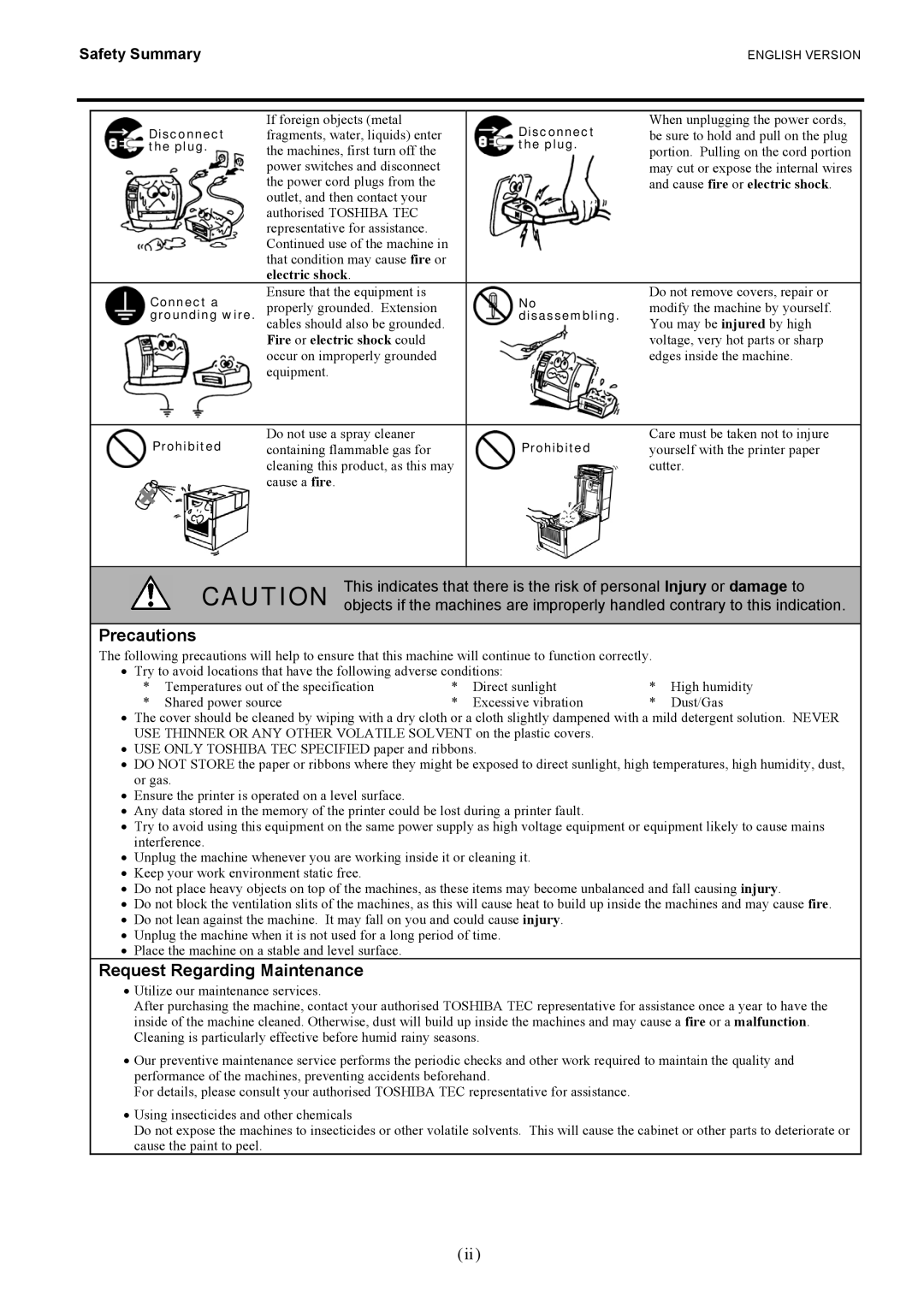 Toshiba B-EV4D owner manual Precautions, Request Regarding Maintenance 