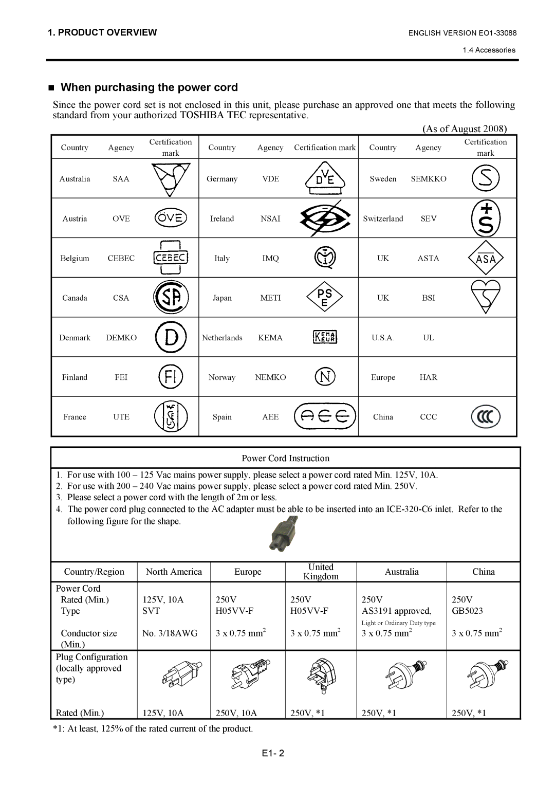 Toshiba B-EV4D owner manual When purchasing the power cord, SVT H05VV-F 