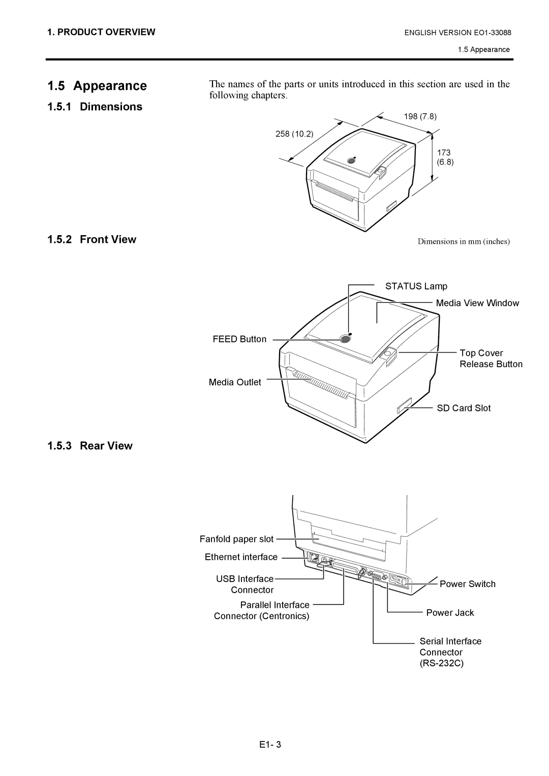 Toshiba B-EV4D owner manual Appearance, Dimensions Front View, Rear View 