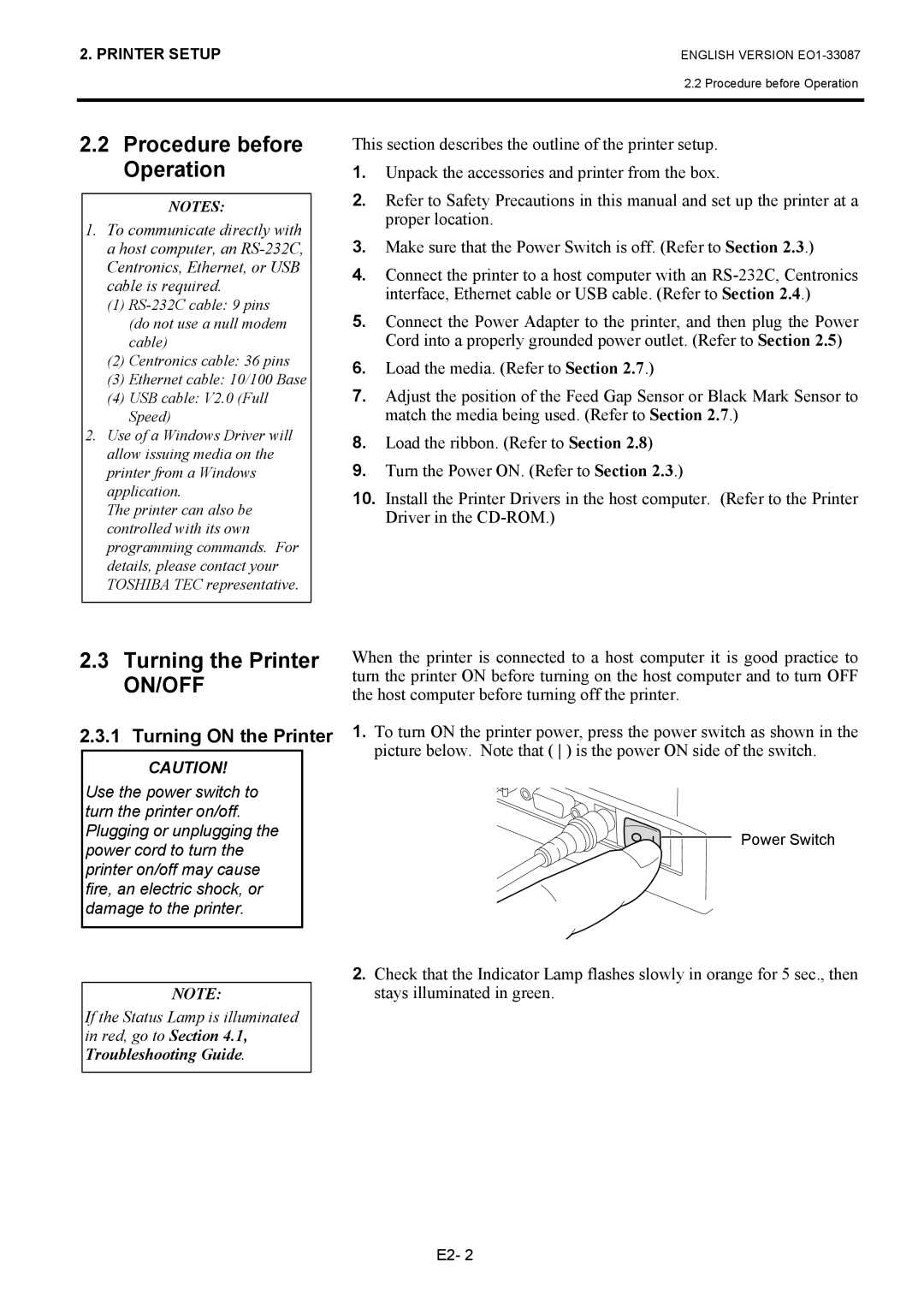 Toshiba EO1-33087, B-EV4T SERIES owner manual Procedure before Operation, Turning the Printer, Turning on the Printer 