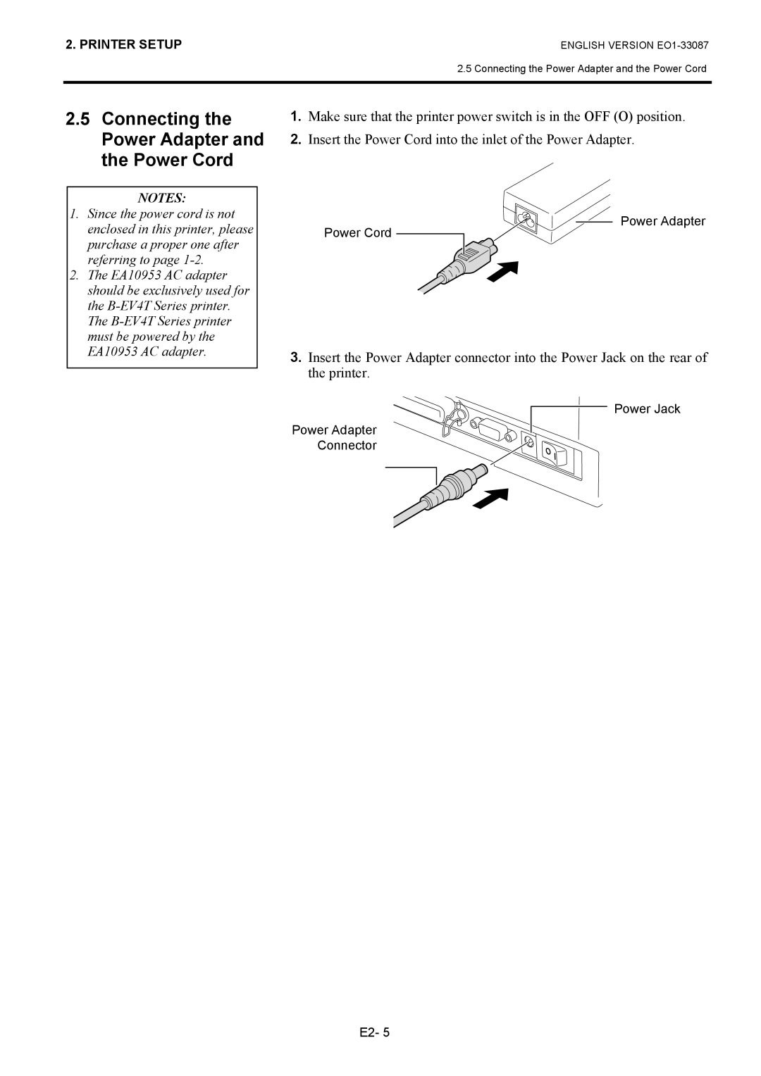 Toshiba B-EV4T SERIES, EO1-33087 owner manual Connecting the Power Adapter and the Power Cord 