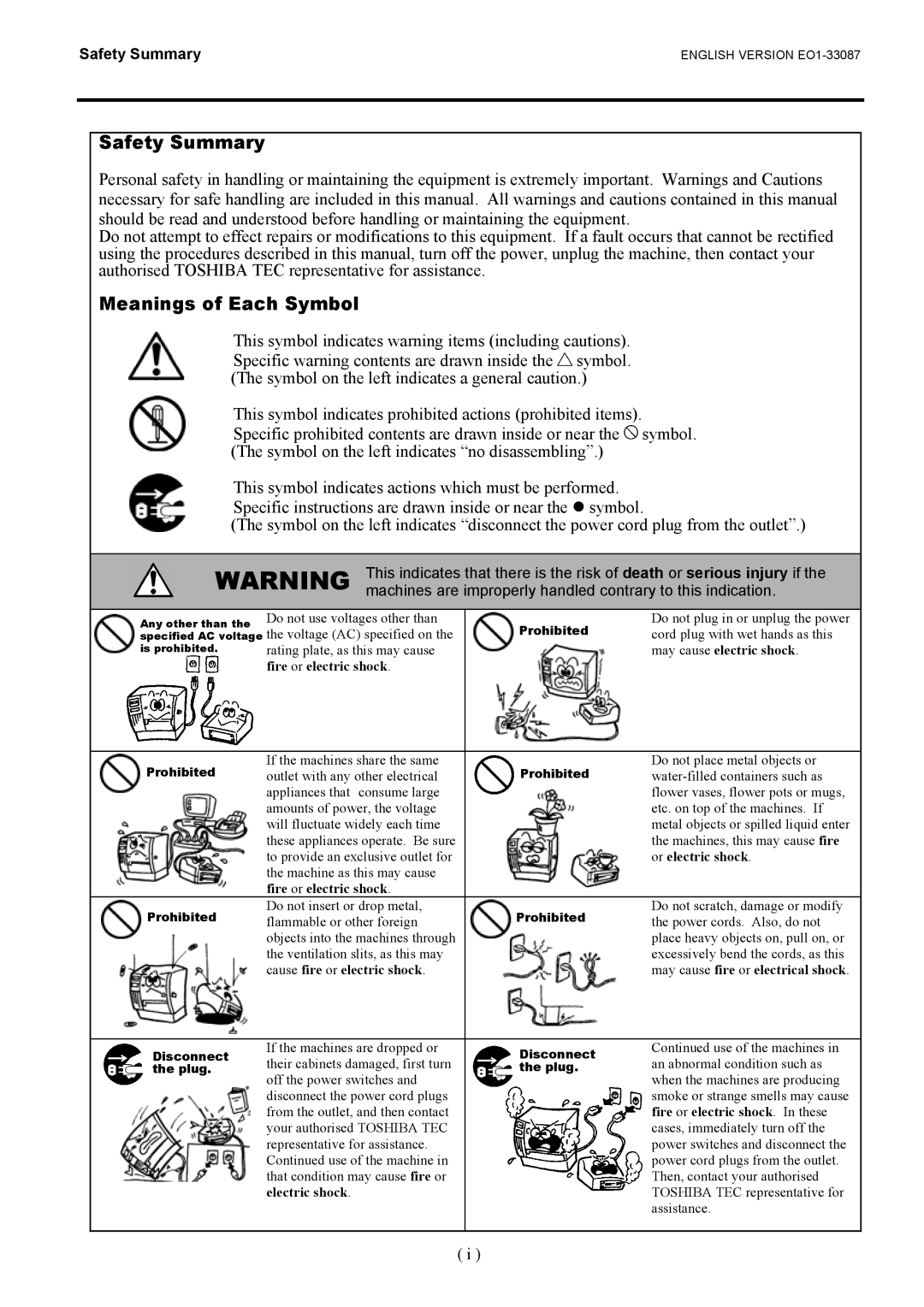 Toshiba EO1-33087, B-EV4T SERIES owner manual Safety Summary, Meanings of Each Symbol 