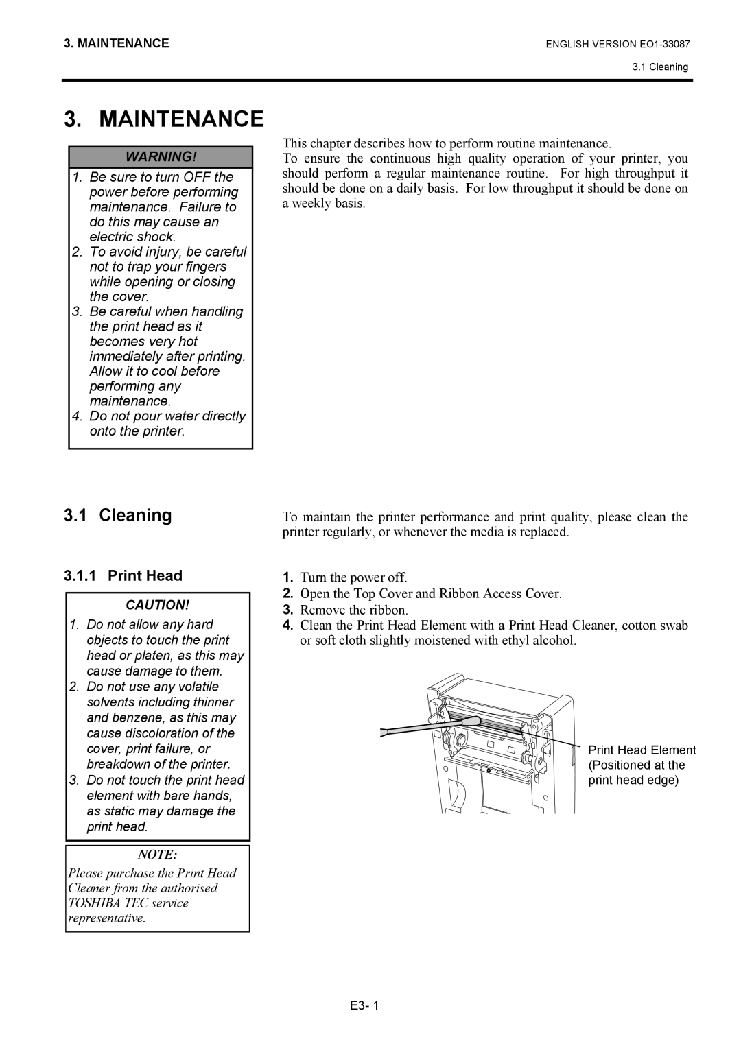 Toshiba B-EV4T SERIES, EO1-33087 owner manual Maintenance, Cleaning, Print Head 