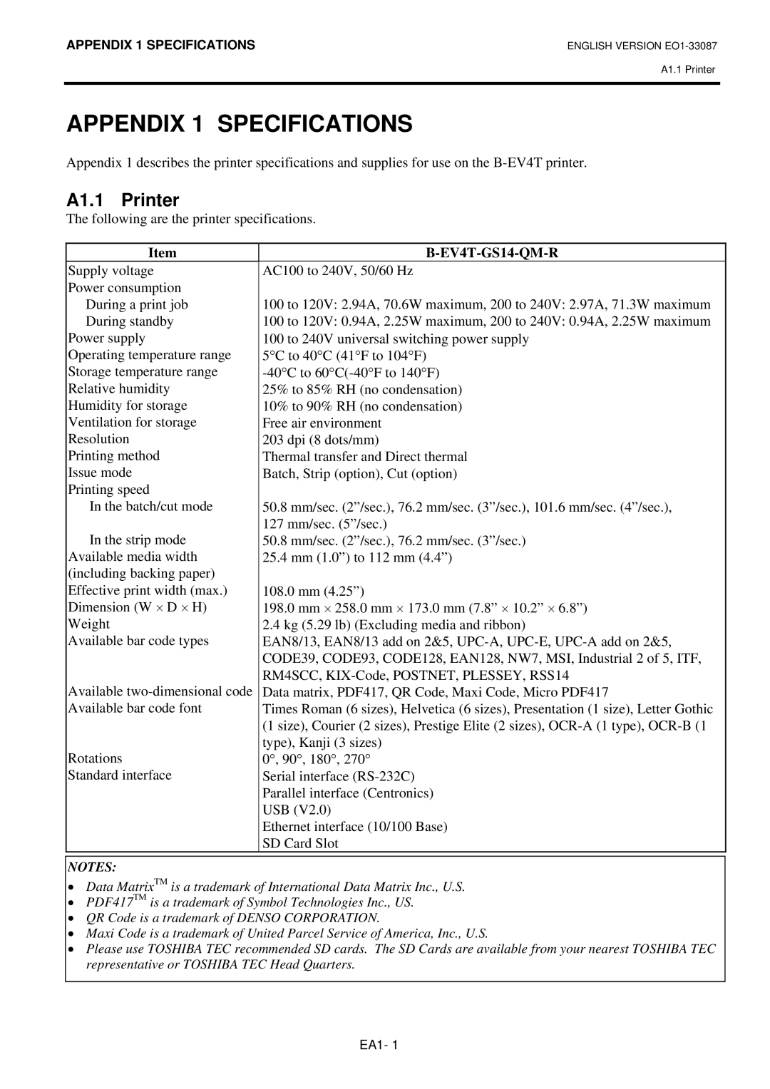 Toshiba B-EV4T SERIES, EO1-33087 owner manual Appendix 1 Specifications, A1.1 Printer 