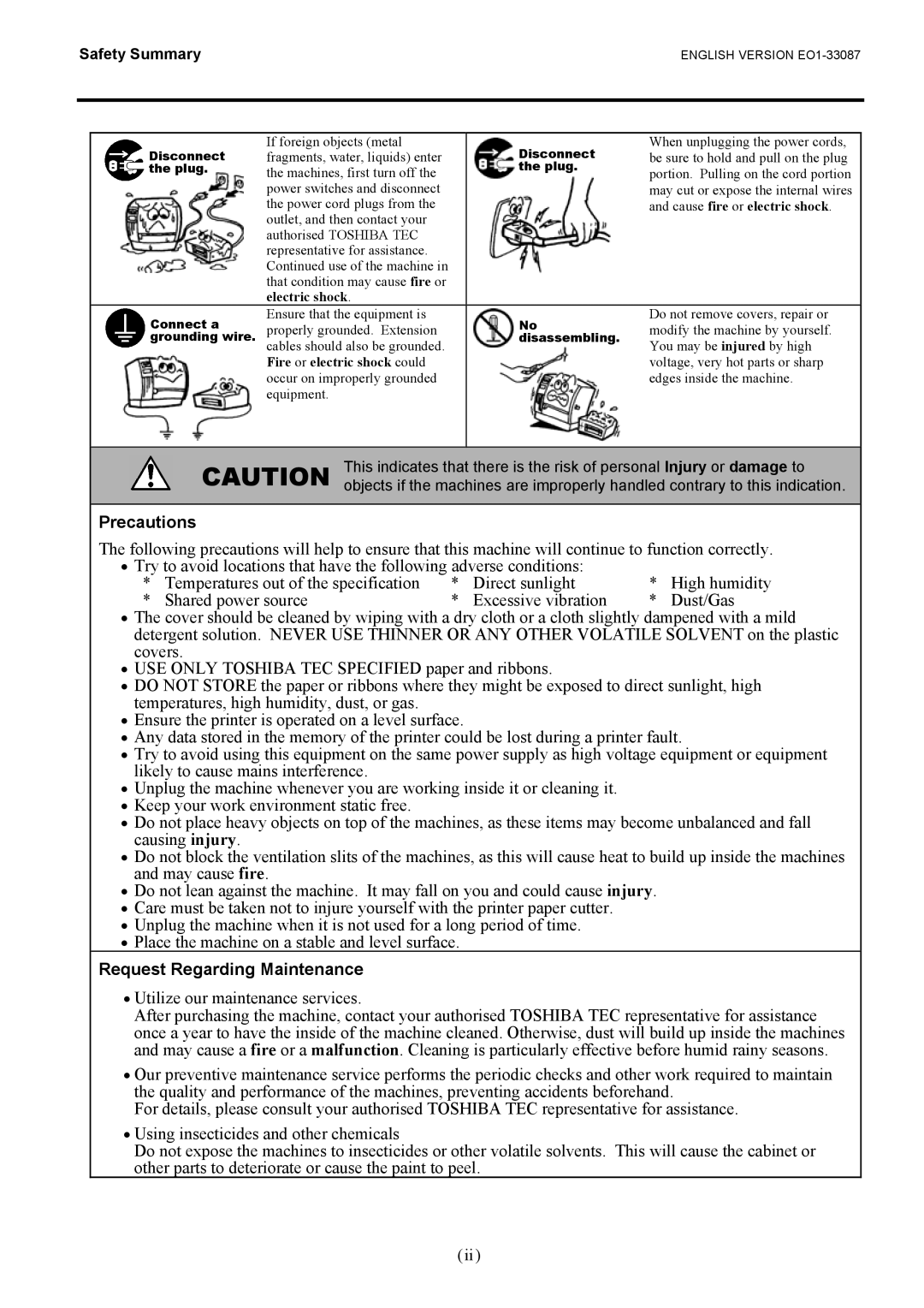 Toshiba B-EV4T SERIES, EO1-33087 owner manual Precautions, Request Regarding Maintenance 