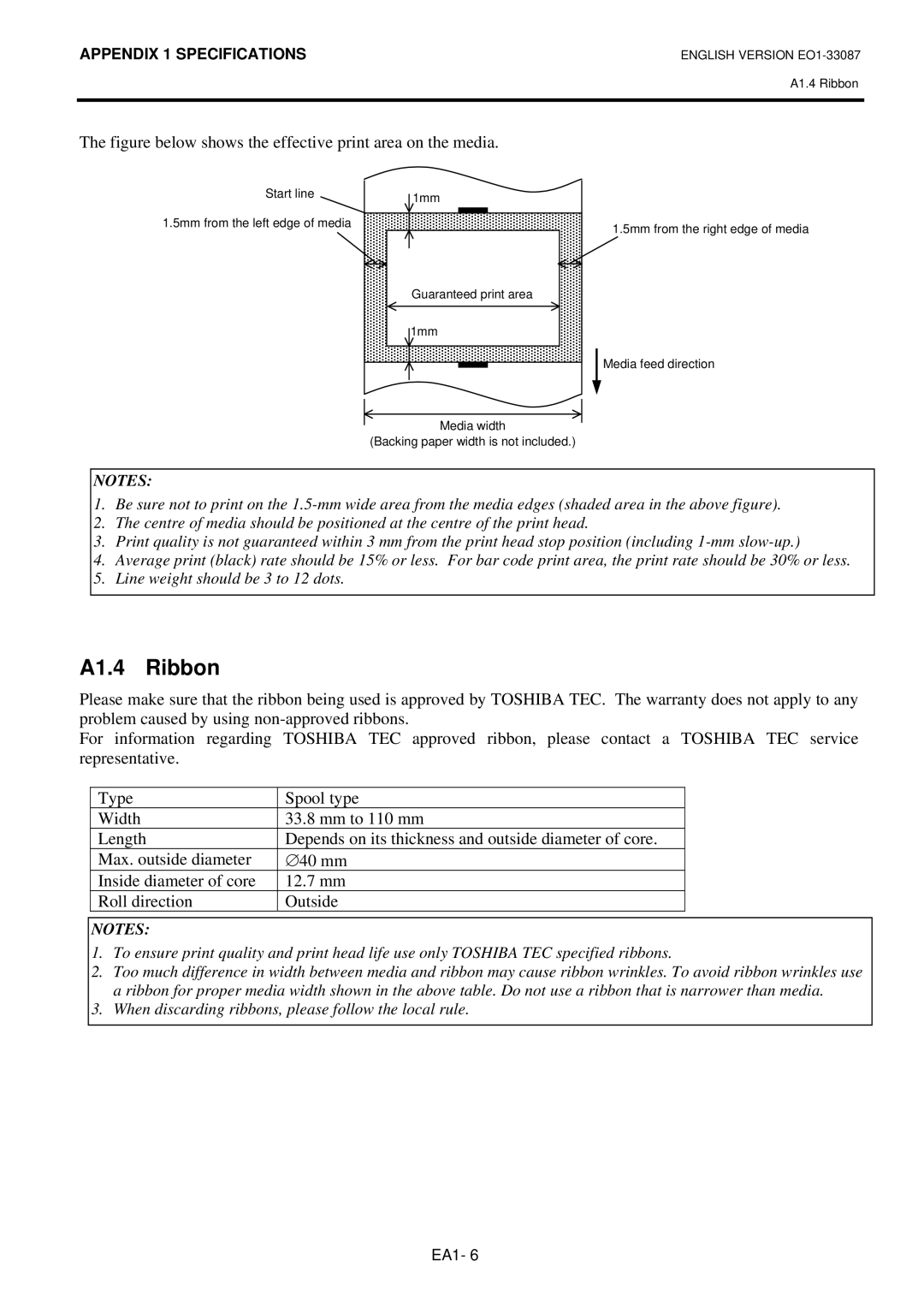 Toshiba EO1-33087, B-EV4T SERIES owner manual A1.4 Ribbon, Figure below shows the effective print area on the media 