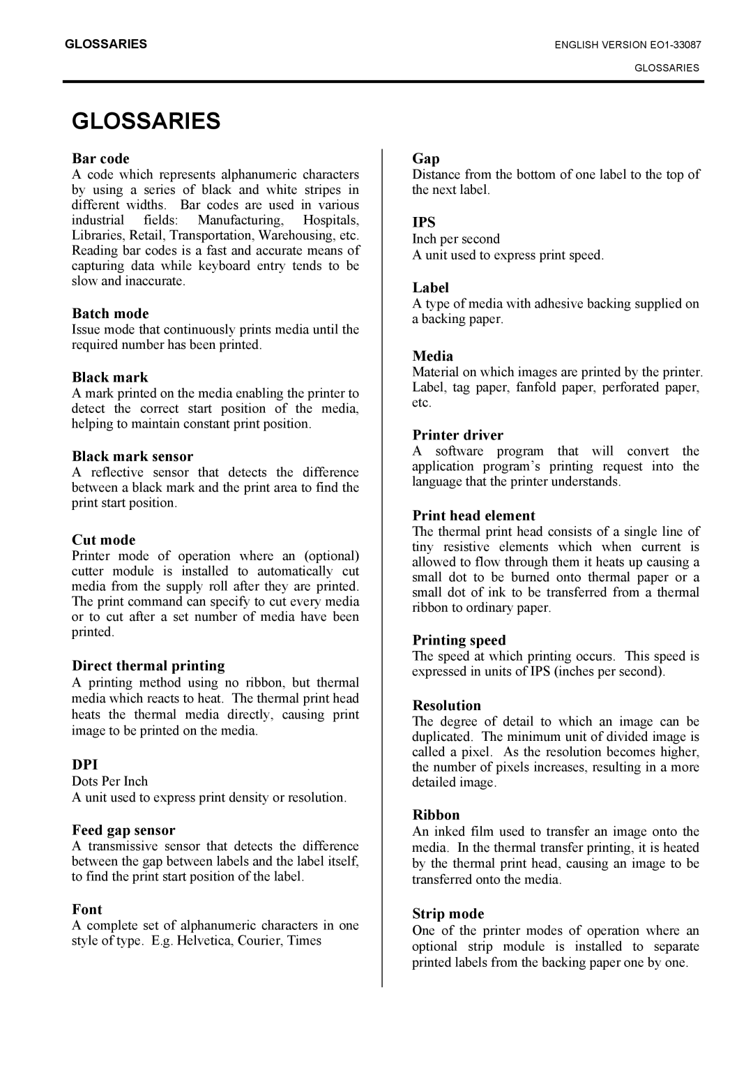 Toshiba EO1-33087, B-EV4T SERIES owner manual Glossaries, Bar code 