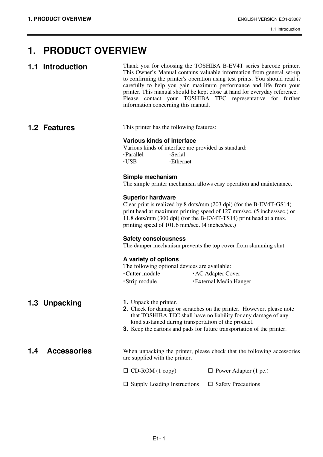 Toshiba EO1-33087, B-EV4T SERIES owner manual Product Overview, Introduction Features Unpacking Accessories 