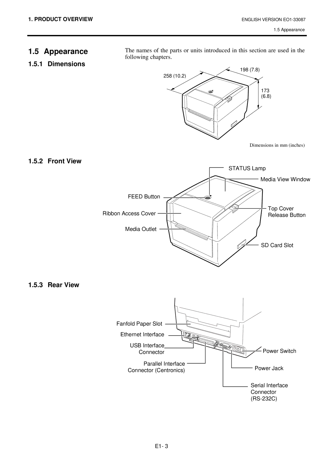 Toshiba EO1-33087, B-EV4T SERIES owner manual Dimensions, Front View, Rear View 