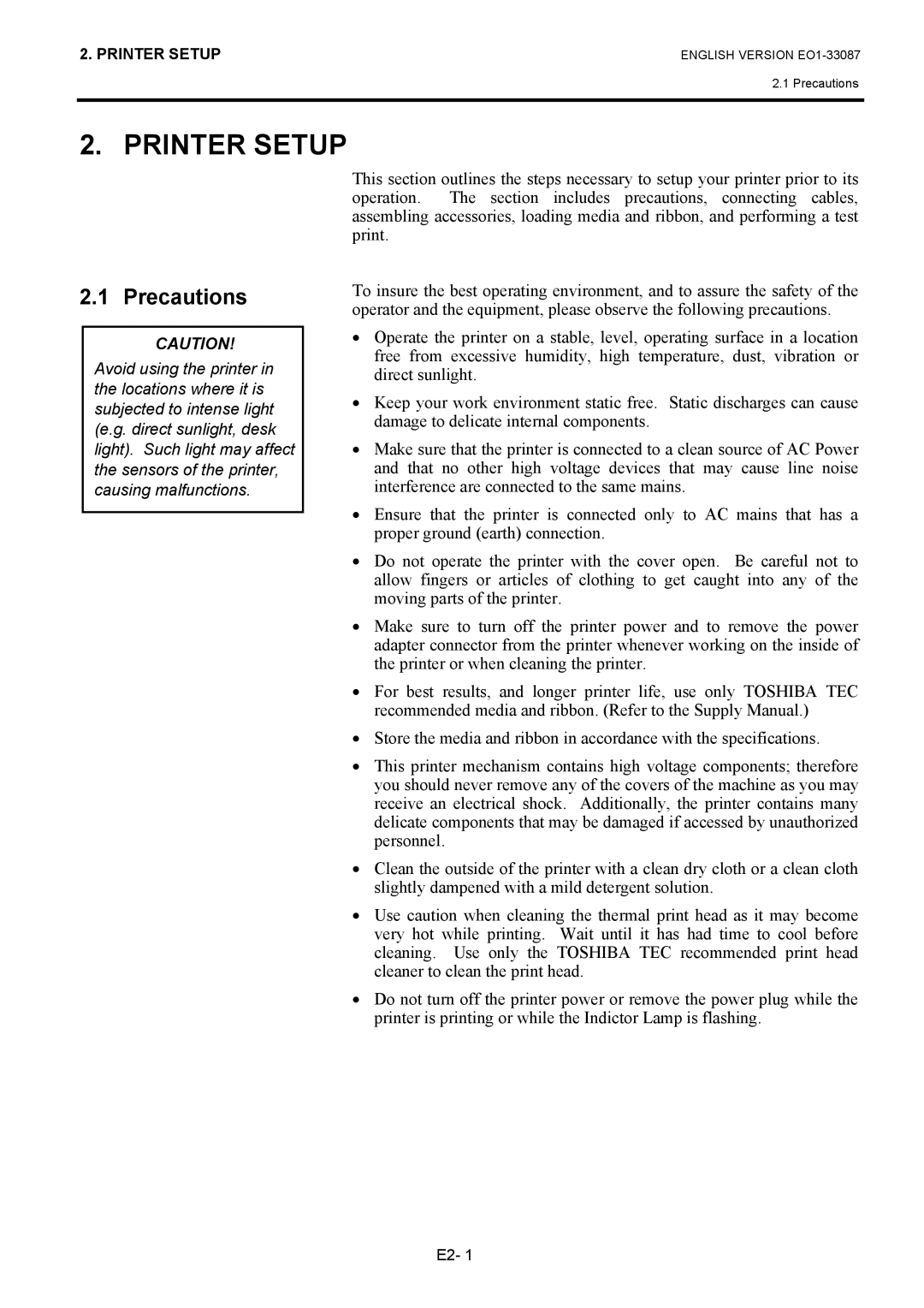 Toshiba B-EV4T owner manual Printer Setup, Precautions 