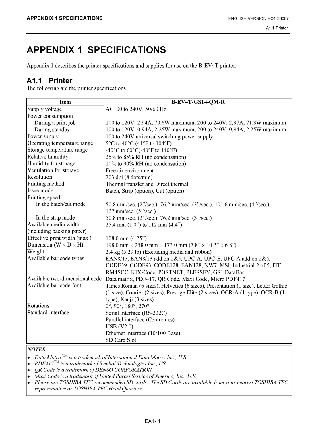 Toshiba B-EV4T owner manual Appendix 1 Specifications, A1.1 Printer 