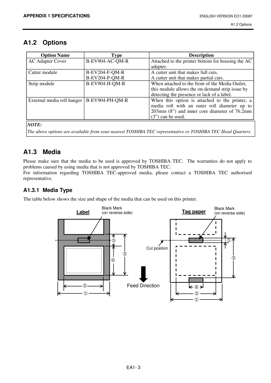 Toshiba B-EV4T owner manual A1.2 Options, A1.3 Media, A1.3.1 Media Type, Label, Tag paper 