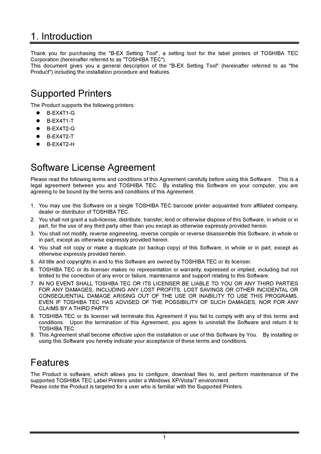 Toshiba B-EX operation manual Introduction, Supported Printers, Software License Agreement, Features 