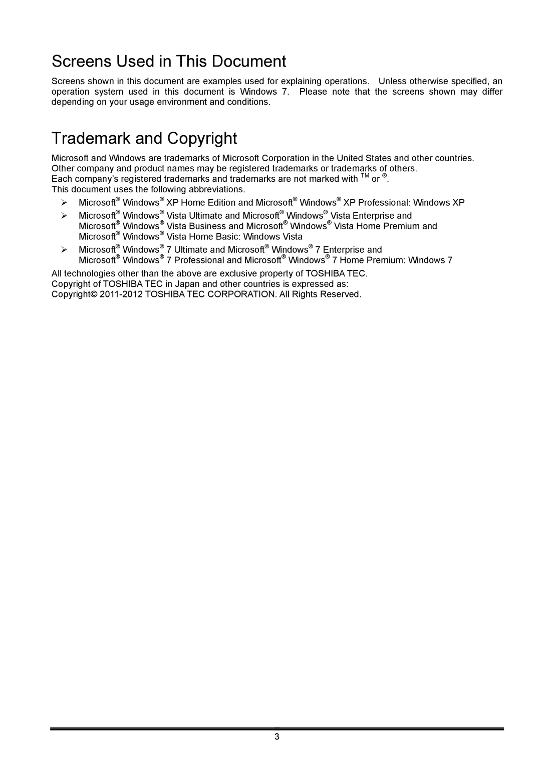 Toshiba B-EX operation manual Screens Used in This Document, Trademark and Copyright 