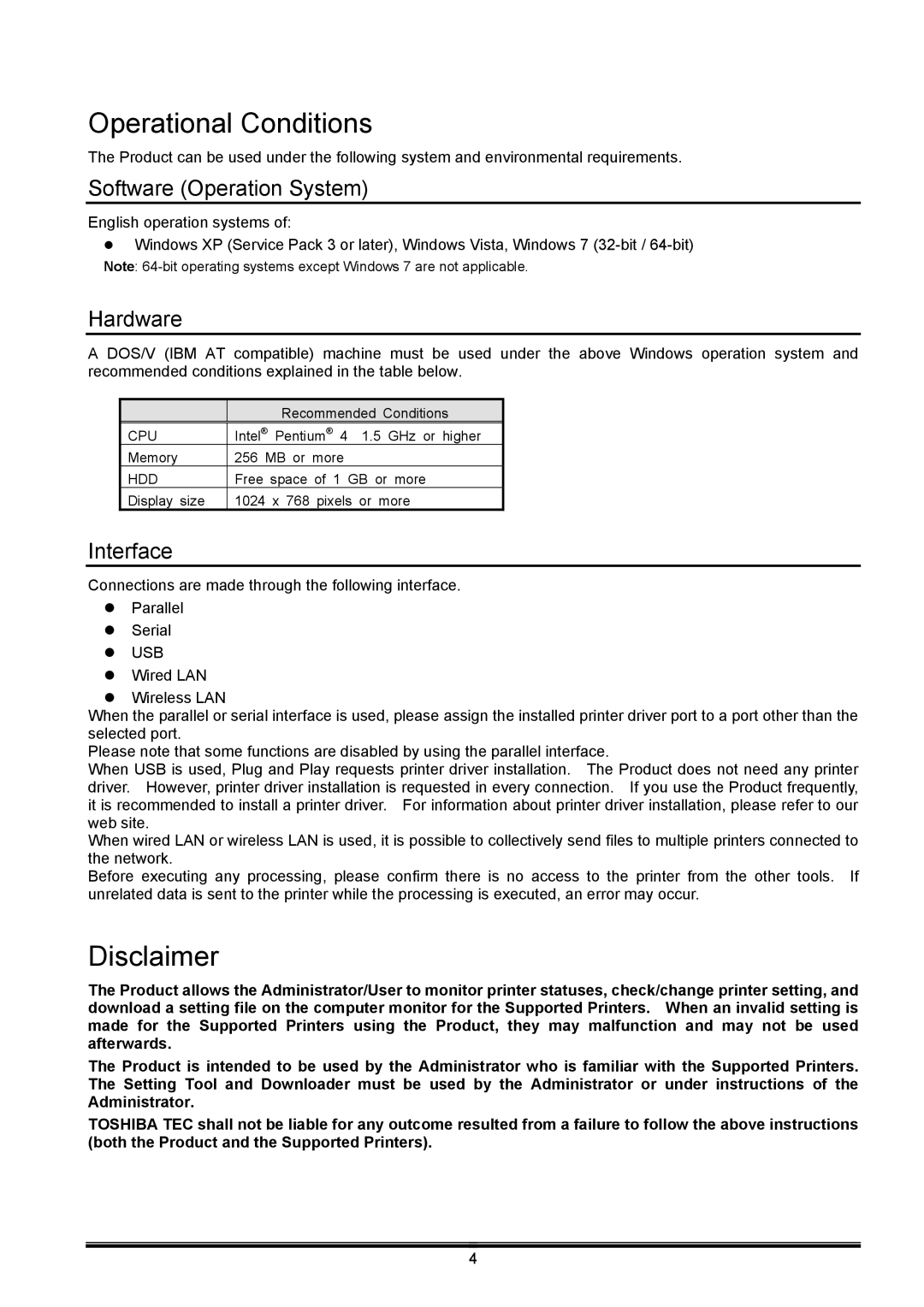 Toshiba B-EX operation manual Operational Conditions, Disclaimer, Software Operation System, Hardware, Interface 