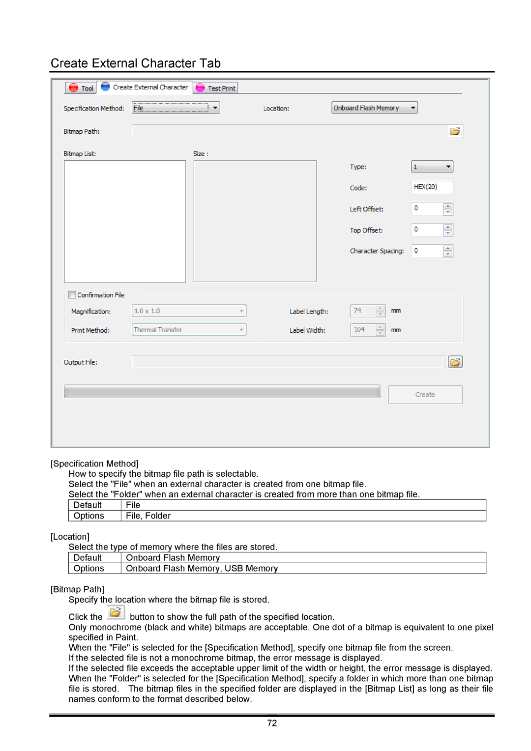 Toshiba B-EX operation manual Create External Character Tab 