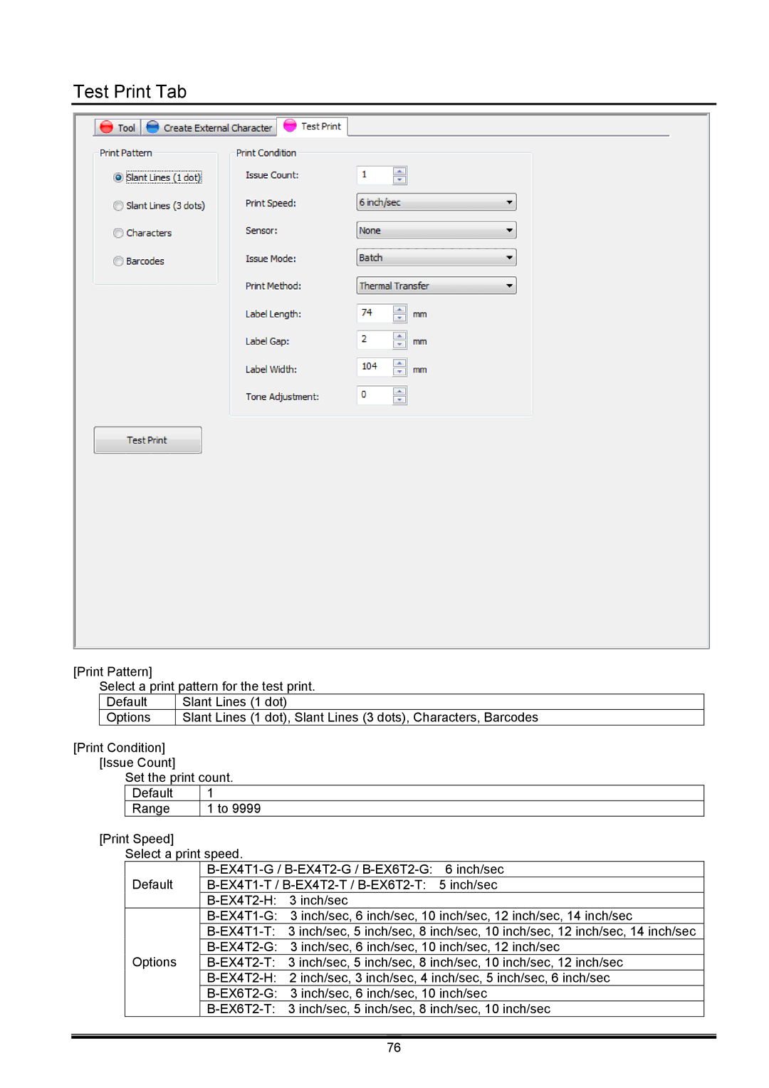 Toshiba B-EX operation manual Test Print Tab 