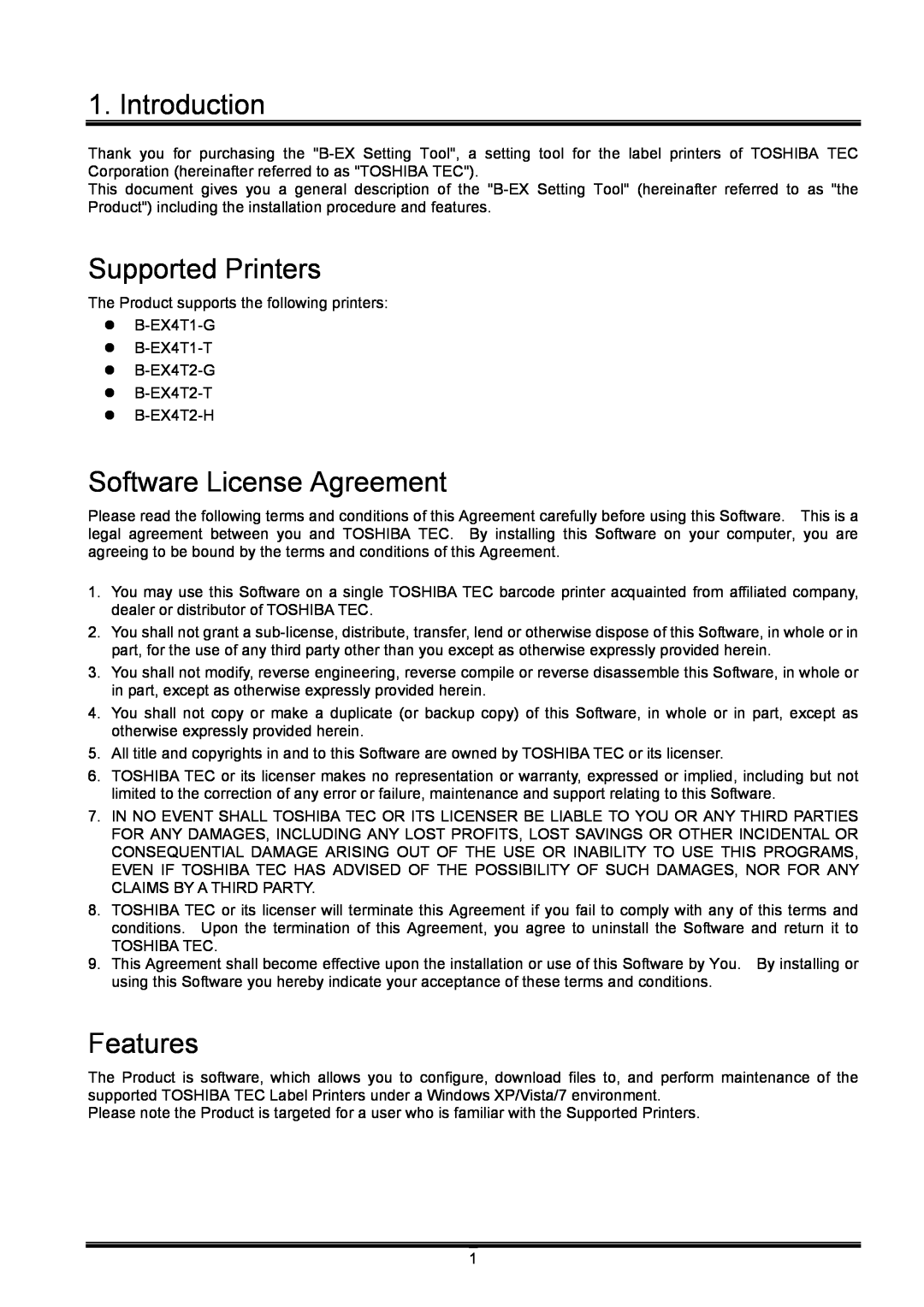 Toshiba B-EX operation manual Introduction, Supported Printers, Software License Agreement, Features 