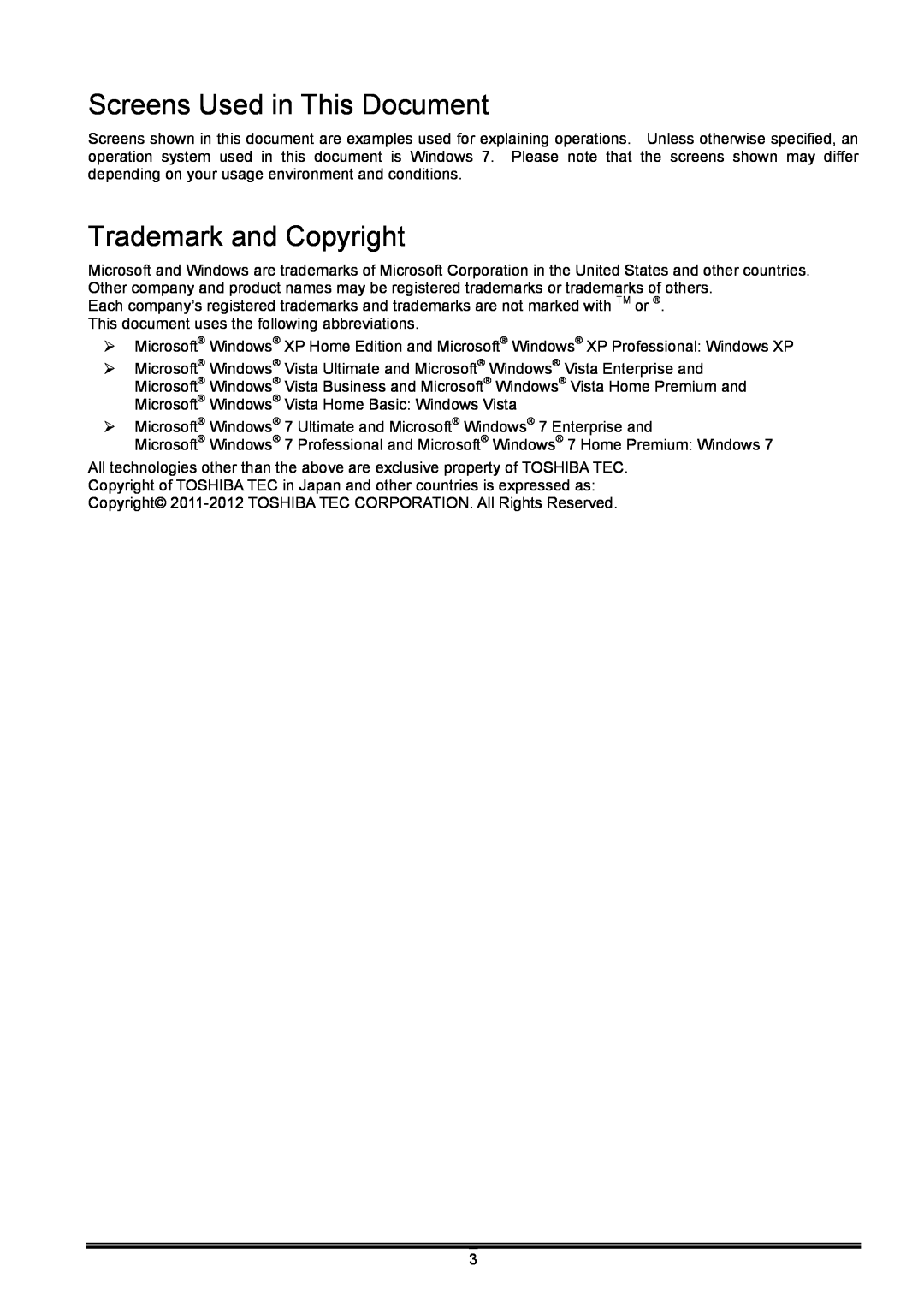 Toshiba B-EX operation manual Screens Used in This Document, Trademark and Copyright 