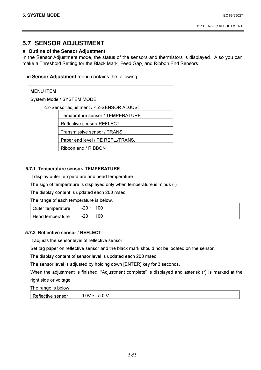 Toshiba B-EX4 manual „ Outline of the Sensor Adjustment, Temperature sensor/ Temperature, Reflective sensor / Reflect 