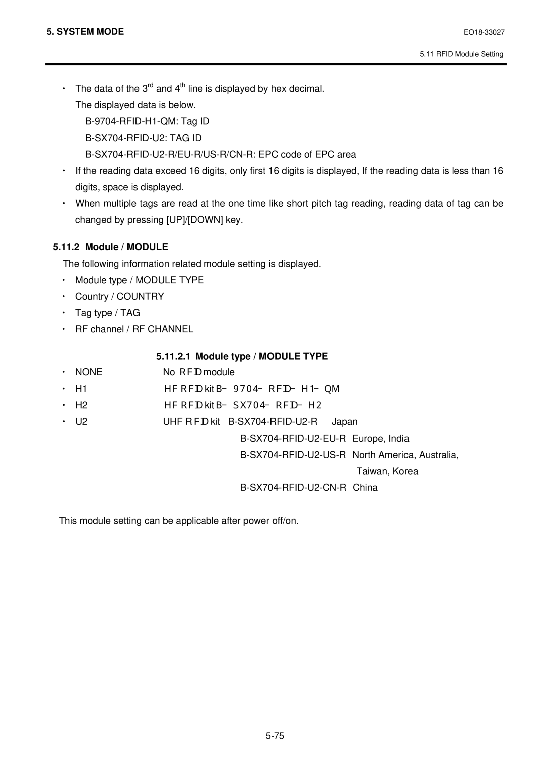 Toshiba B-EX4 manual SX704-RFID-U2 TAG ID, Module / Module, Module type / Module Type, SX704-RFID-U2-CN-R 