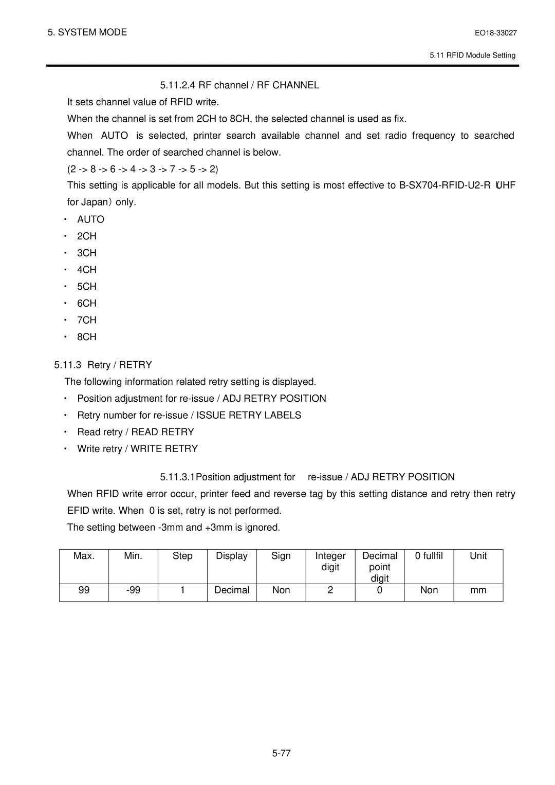 Toshiba B-EX4 manual RF channel / RF Channel, ・ Auto, ・ 2CH ・ 3CH ・ 4CH ・ 5CH ・ 6CH ・ 7CH ・ 8CH, Retry / Retry 