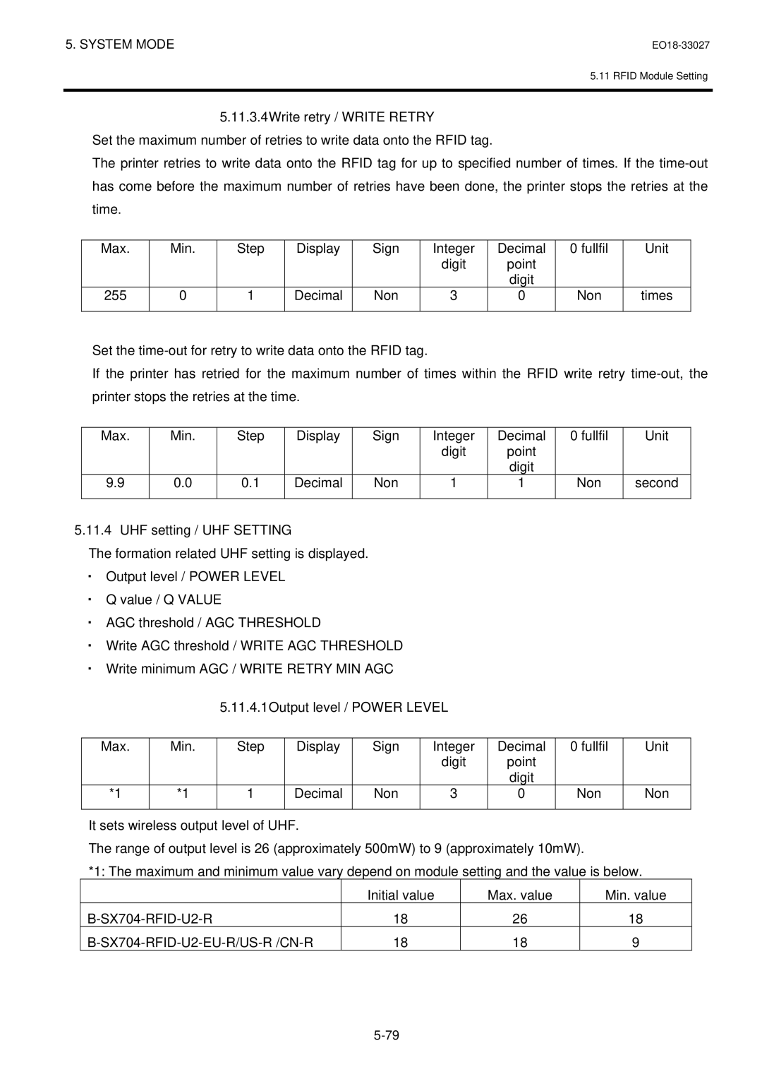 Toshiba B-EX4 manual 11.3.4Write retry / Write Retry, UHF setting / UHF Setting, 11.4.1Output level / Power Level 