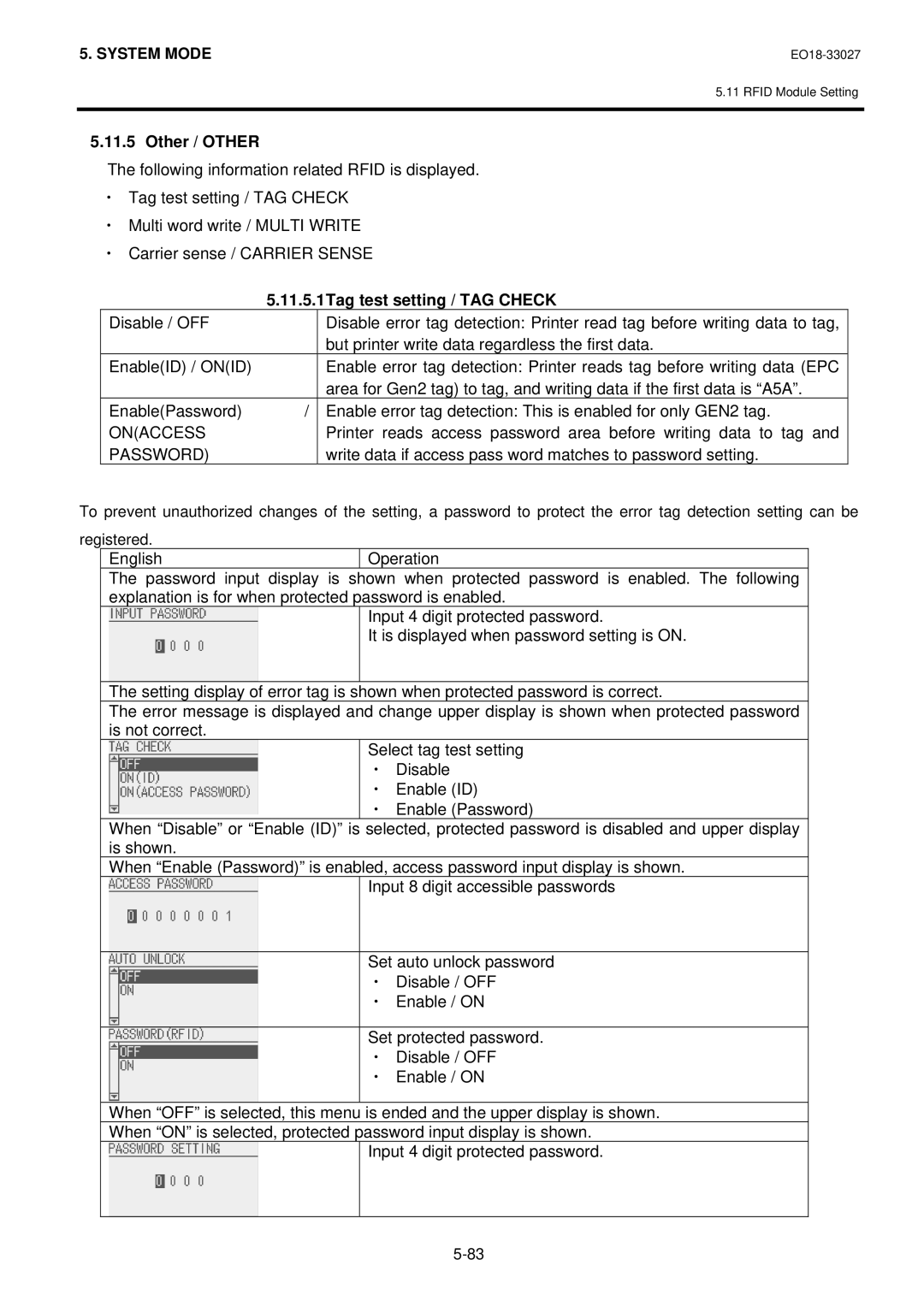 Toshiba B-EX4 manual Other / Other, 11.5.1Tag test setting / TAG Check, Onaccess, Password 