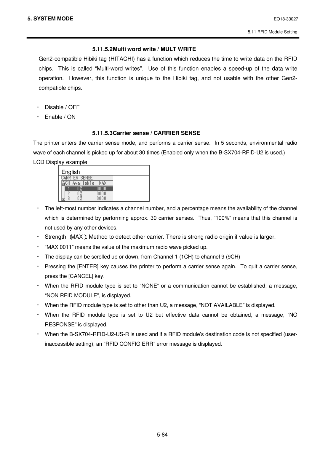 Toshiba B-EX4 manual 11.5.2Multi word write / Mult Write, 11.5.3Carrier sense / Carrier Sense, LCD Display example English 