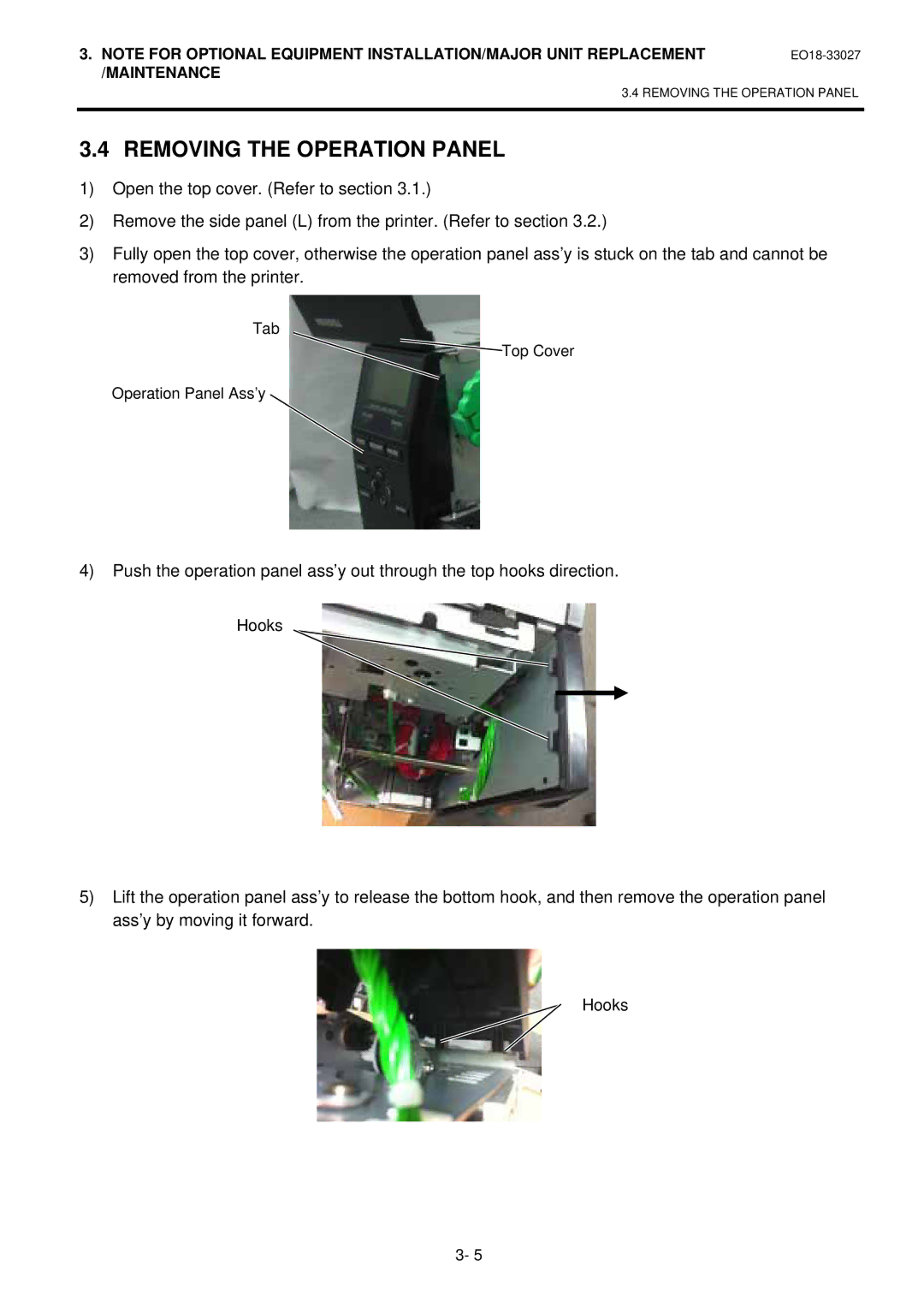 Toshiba B-EX4 manual Removing the Operation Panel, Hooks 