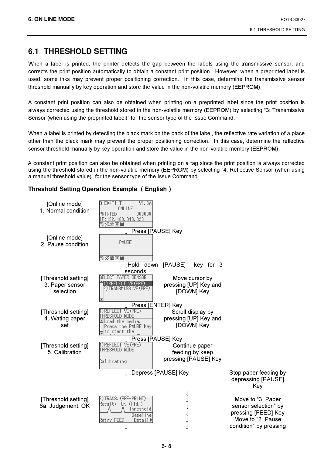 Toshiba B-EX4 manual Threshold Setting Operation Example （English）, Depressing Pause, Move to 3. Paper 