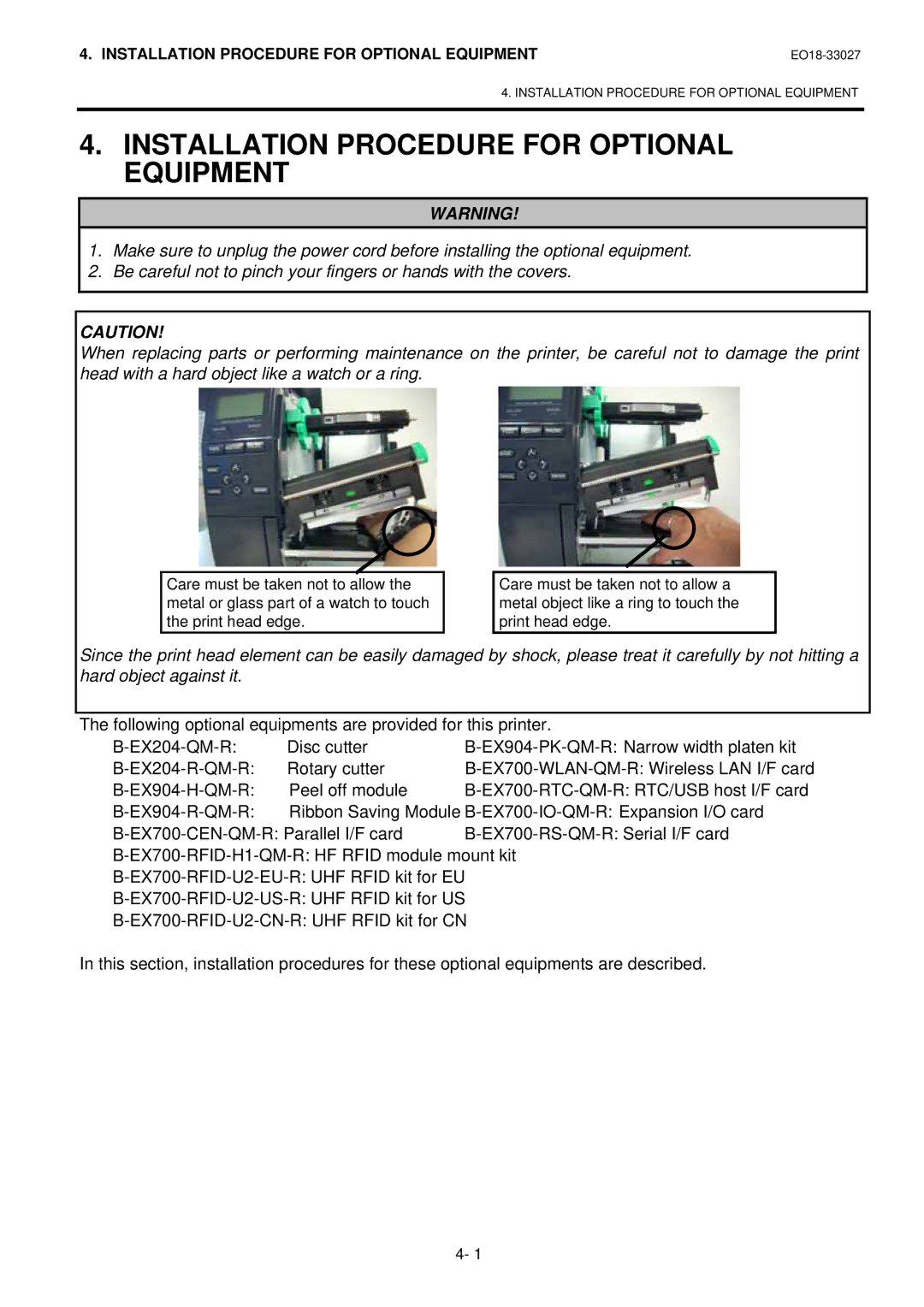 Toshiba B-EX4 manual Installation Procedure for Optional Equipment 