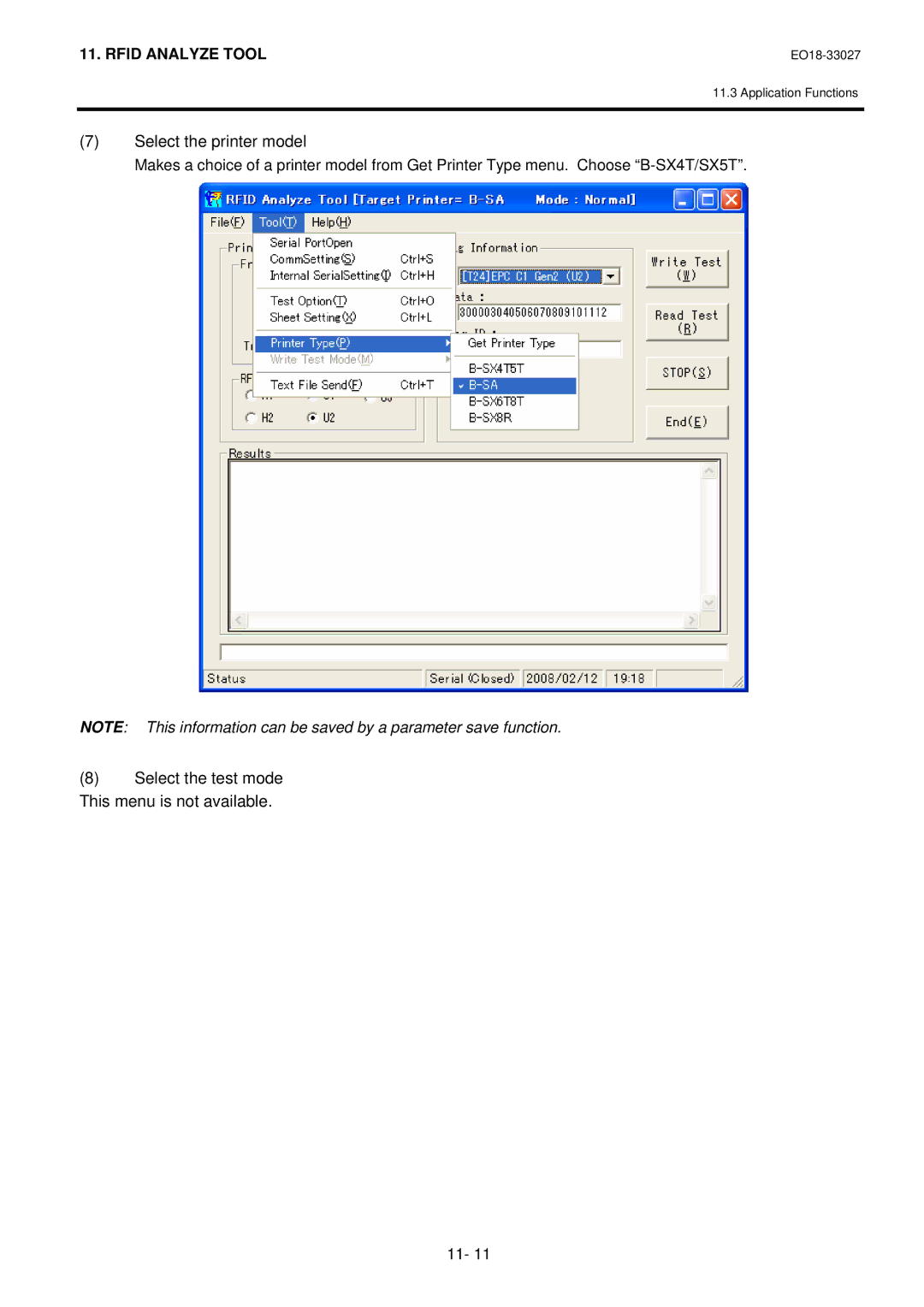 Toshiba B-EX4 manual Select the printer model, Select the test mode This menu is not available 