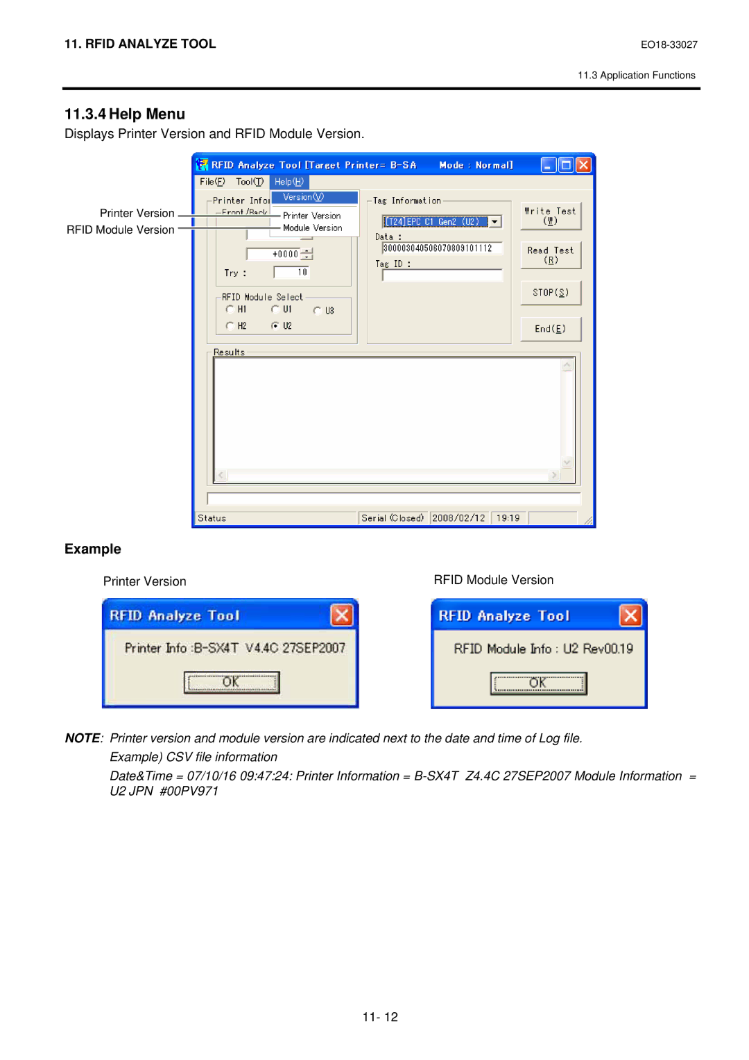 Toshiba B-EX4 manual Example, Displays Printer Version and Rfid Module Version 