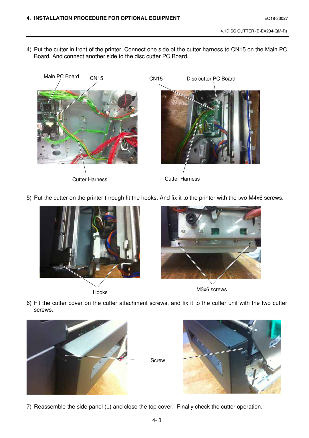 Toshiba B-EX4 manual Main PC Board CN15 Disc cutter PC Board Cutter Harness 