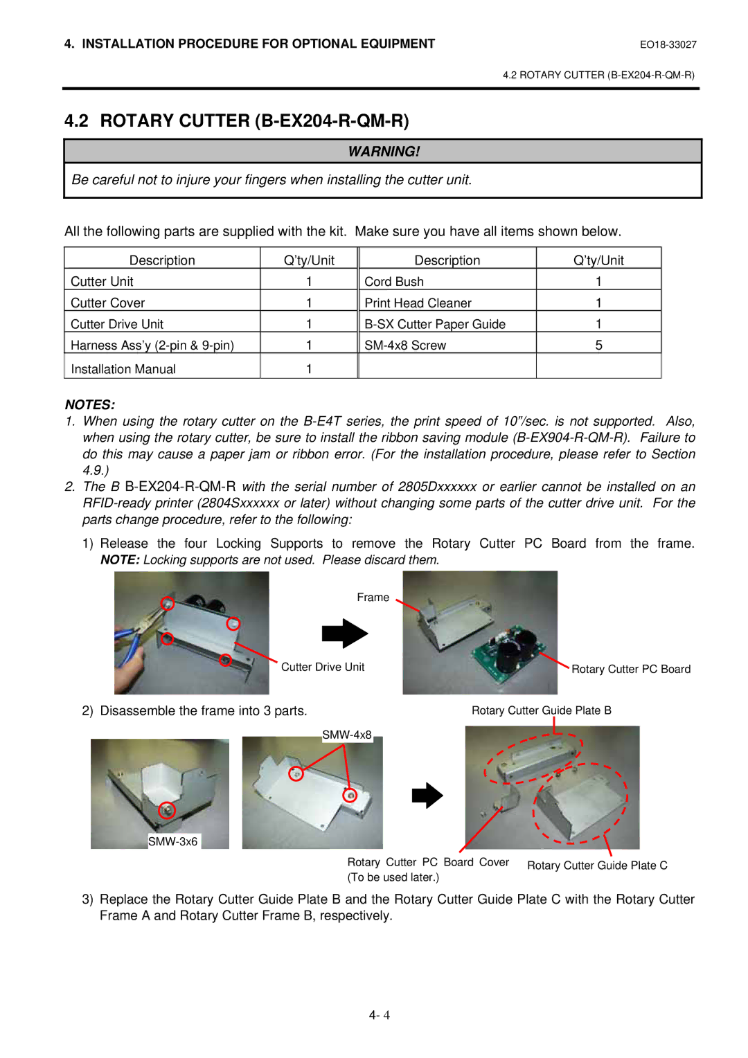 Toshiba B-EX4 manual Rotary Cutter B-EX204-R-QM-R, Description ’ty/Unit Cutter Unit, Disassemble the frame into 3 parts 