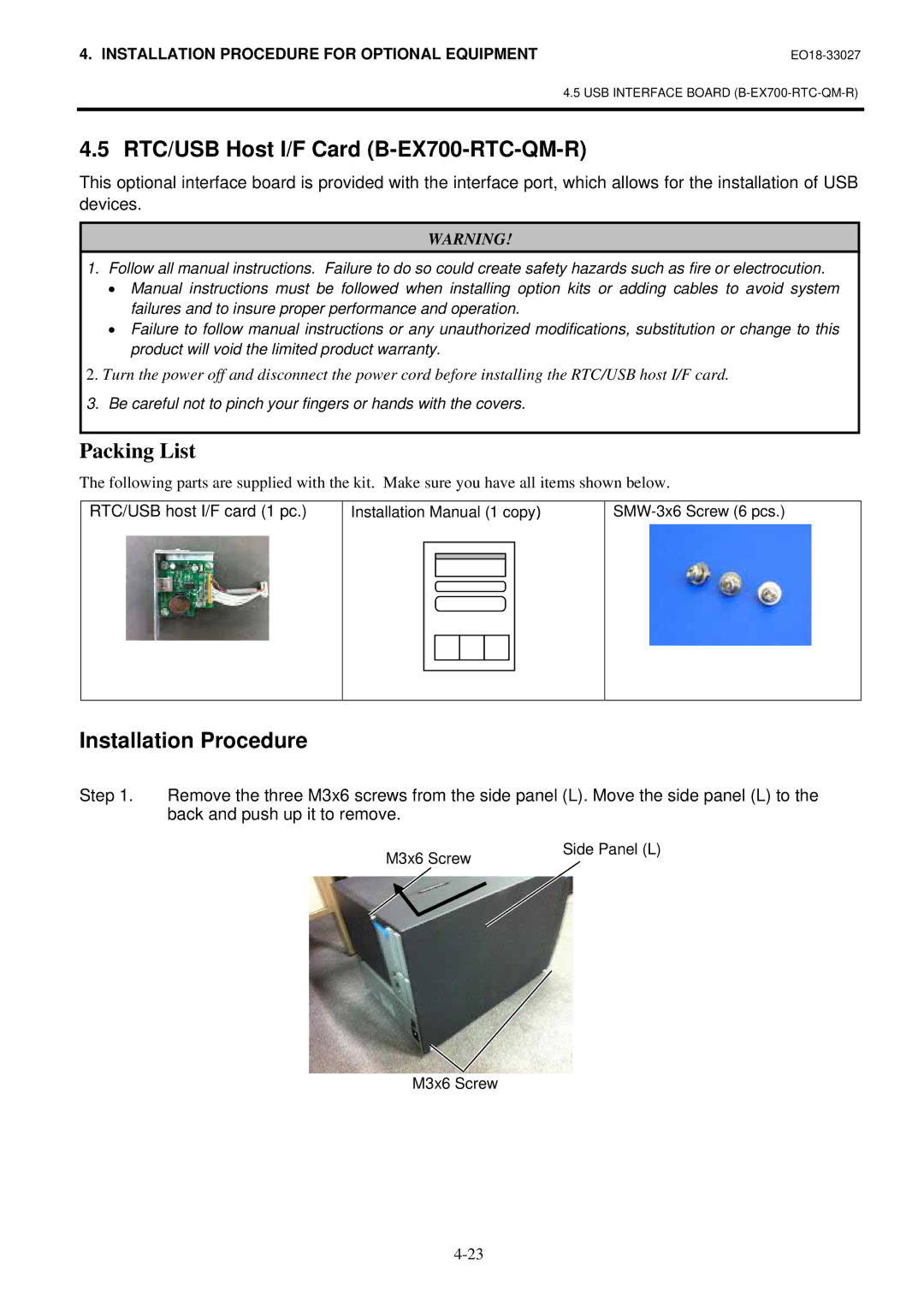 Toshiba B-EX4 manual RTC/USB Host I/F Card B-EX700-RTC-QM-R, Installation Procedure, RTC/USB host I/F card 1 pc 