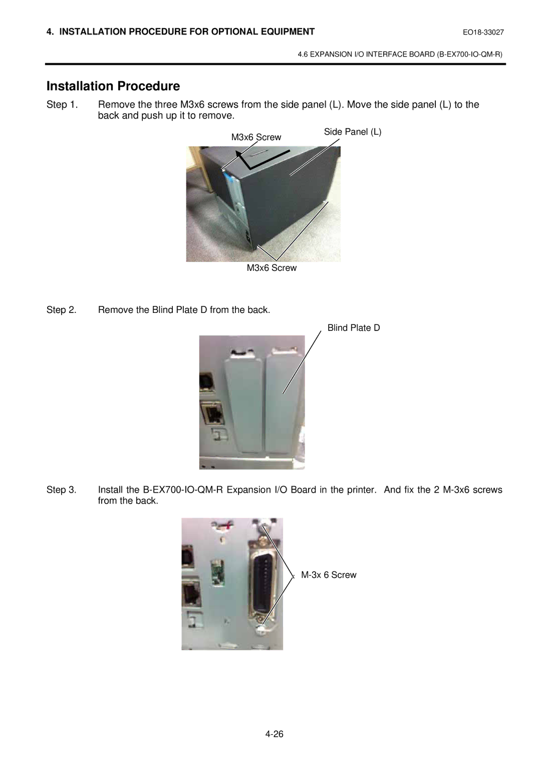 Toshiba B-EX4 manual Installation Procedure, Remove the Blind Plate D from the back 