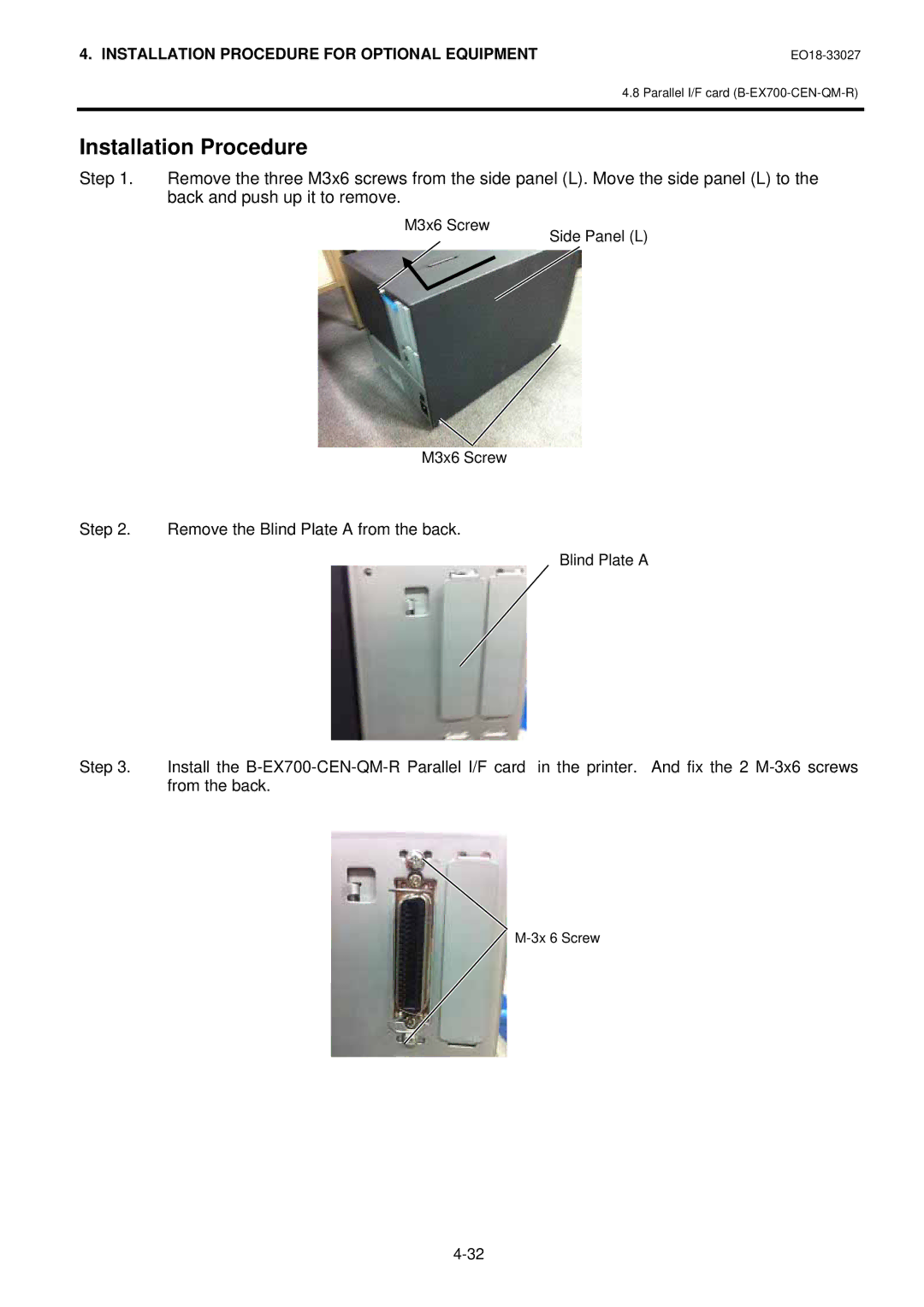 Toshiba B-EX4 manual Installation Procedure, Remove the Blind Plate a from the back 