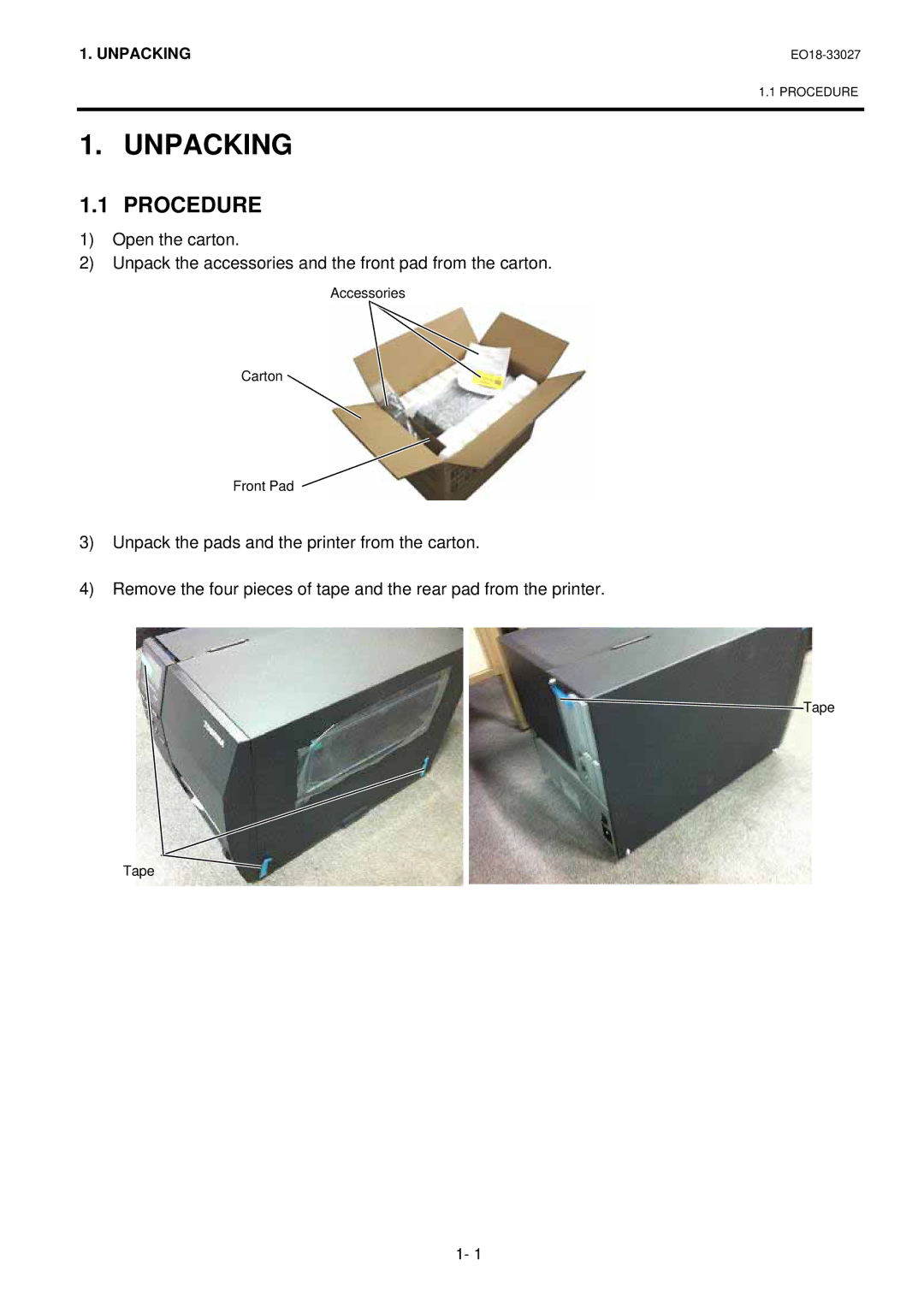 Toshiba B-EX4 manual Unpacking, Procedure 