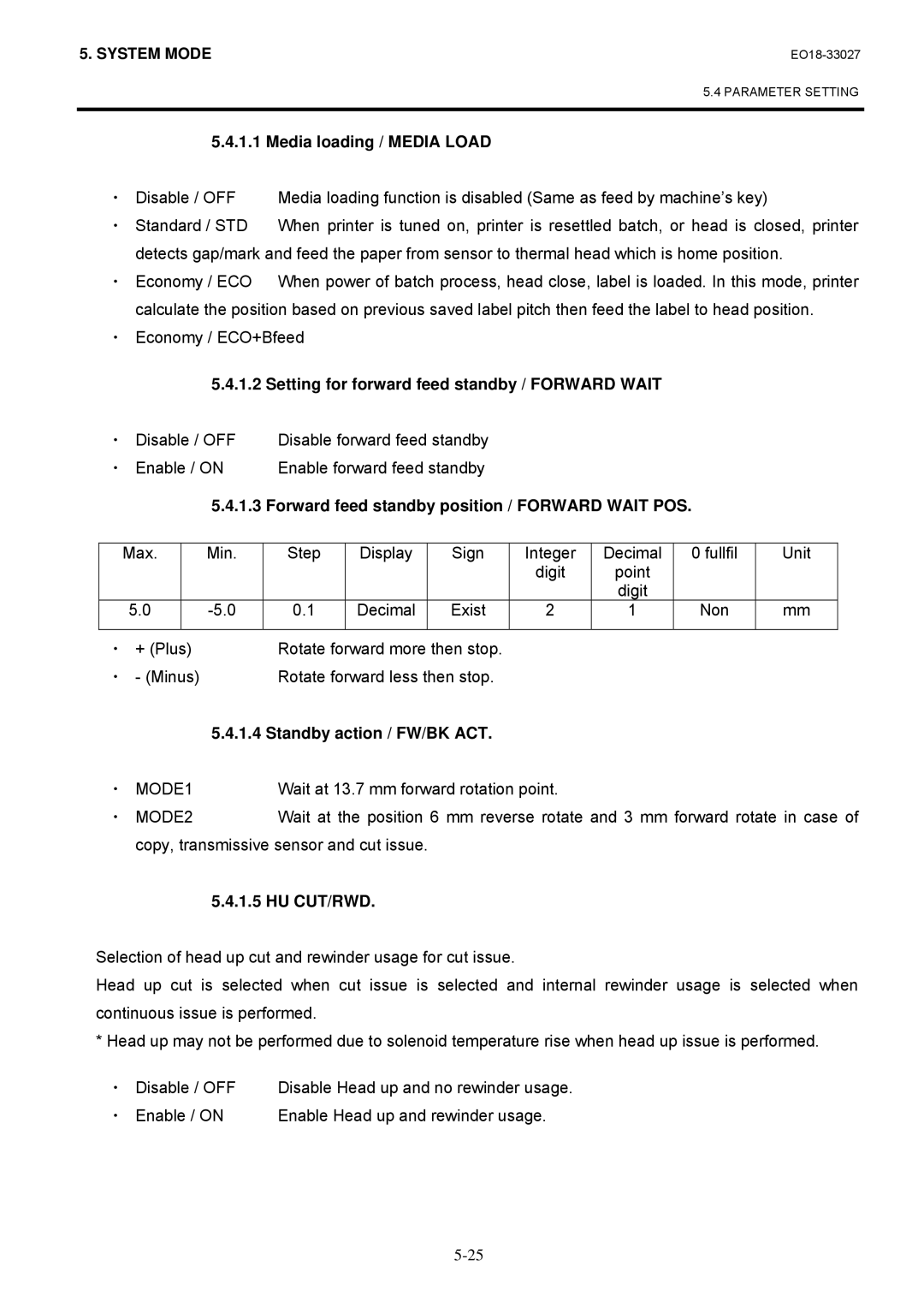 Toshiba B-EX4 Media loading / Media Load, Setting for forward feed standby / Forward Wait, Standby action / FW/BK ACT 