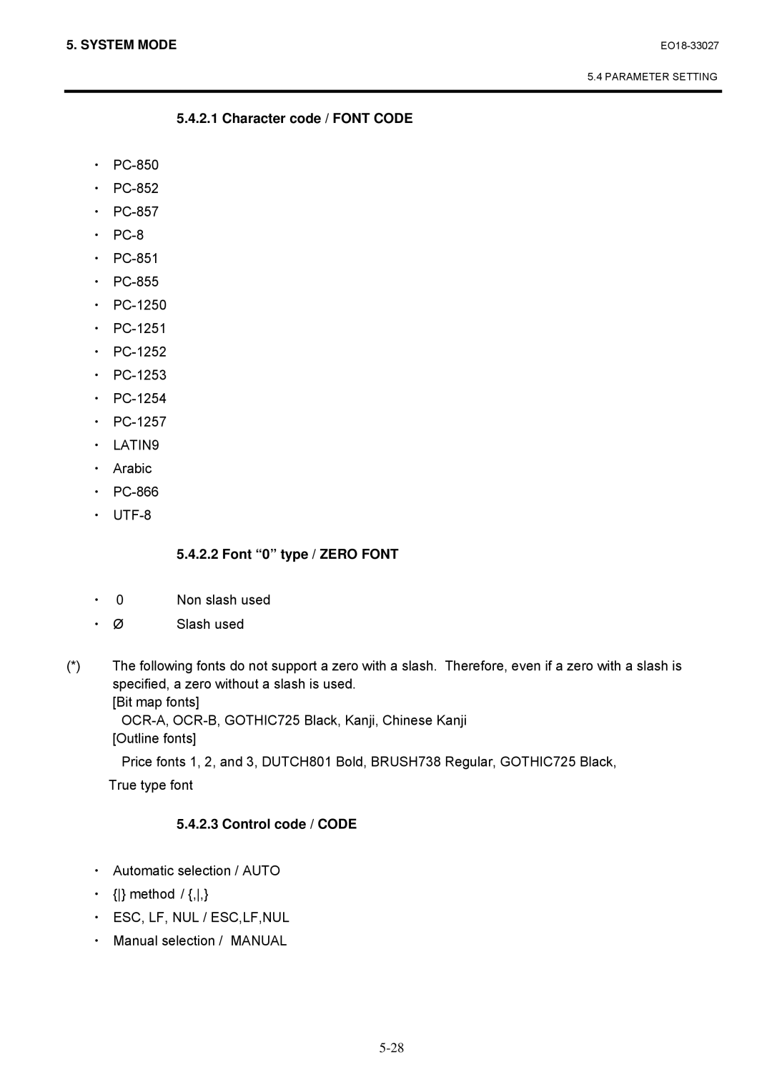 Toshiba B-EX4 manual Character code / Font Code, ・ LATIN9, Control code / Code, ・ Esc, Lf, Nul / Esc,Lf,Nul 