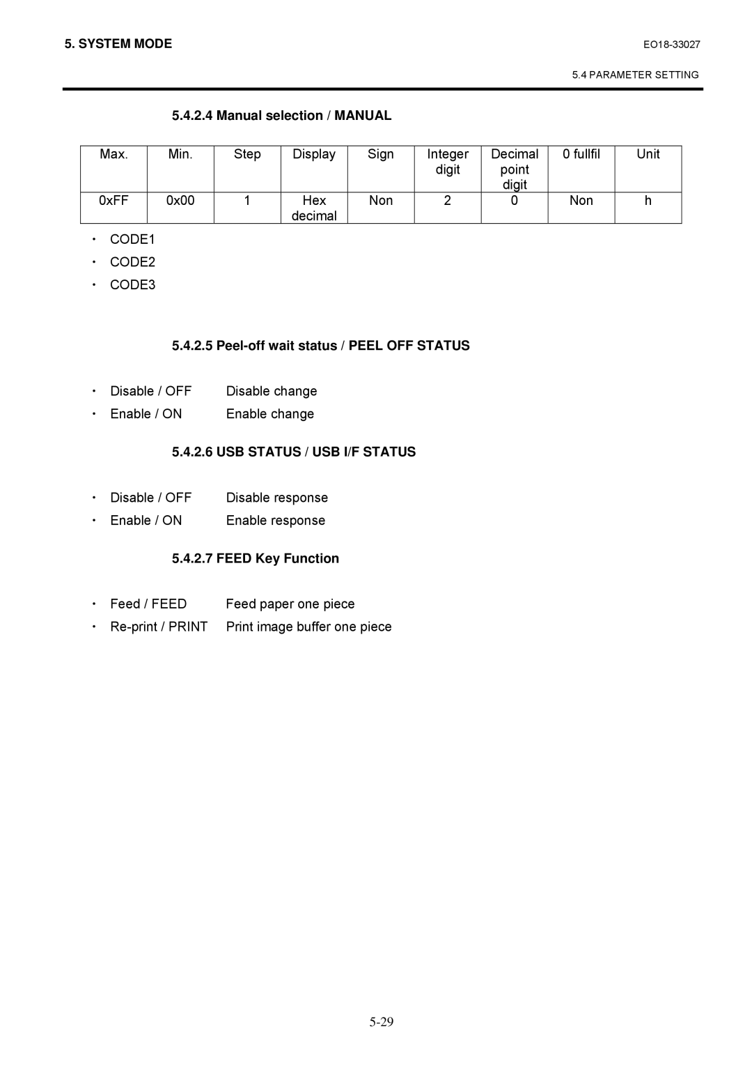 Toshiba B-EX4 manual Manual selection / Manual, ・ CODE1 ・ CODE2 ・ CODE3, Peel-off wait status / Peel OFF Status 